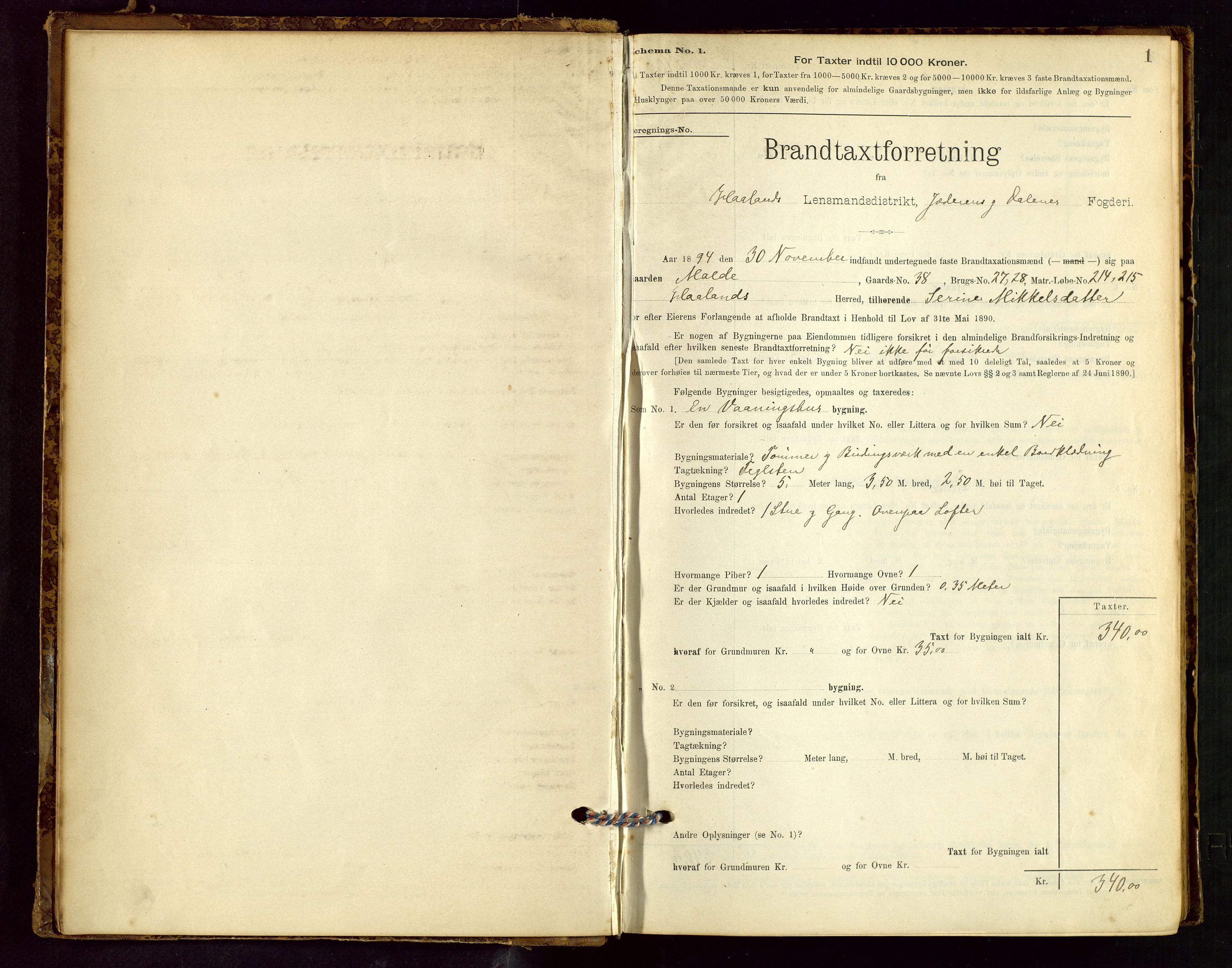 Håland lensmannskontor, SAST/A-100100/Gob/L0001: Branntakstprotokoll - skjematakst. Register i boken., 1894-1902, s. 1