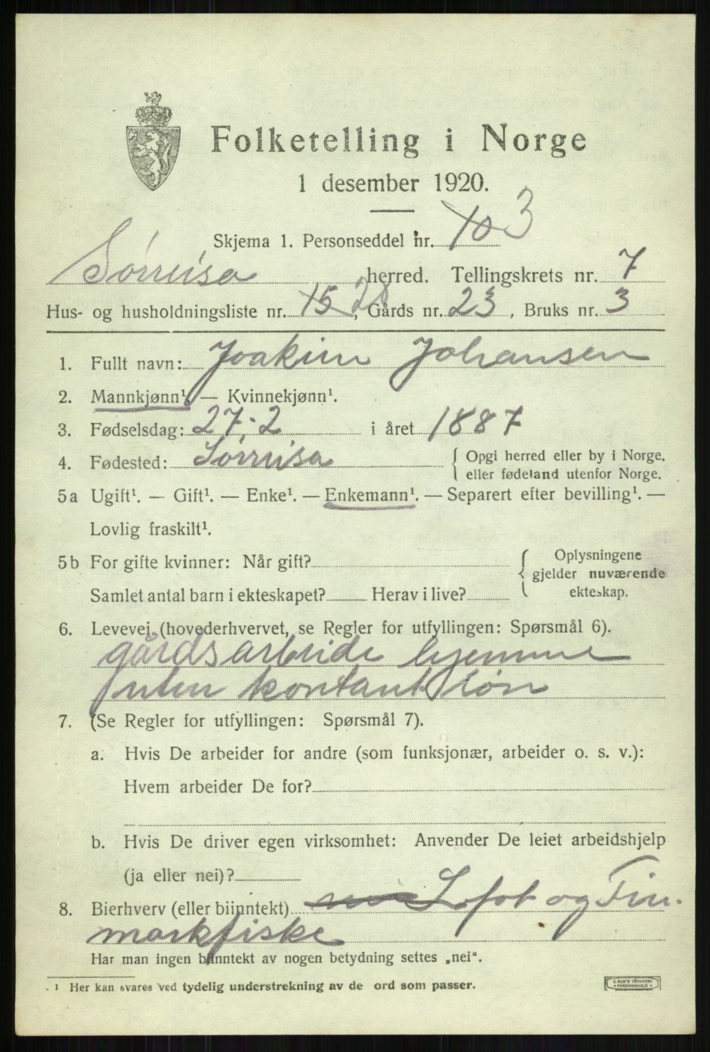 SATØ, Folketelling 1920 for 1925 Sørreisa herred, 1920, s. 3668