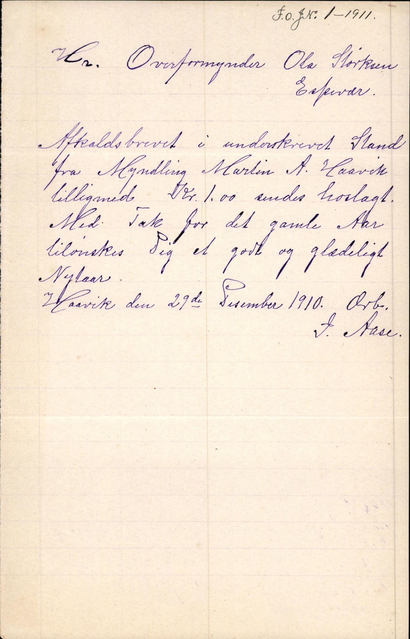 Finnaas kommune. Overformynderiet, IKAH/1218a-812/D/Da/Daa/L0002/0004: Kronologisk ordna korrespondanse / Kronologisk ordna korrespondanse, 1910-1913, s. 41