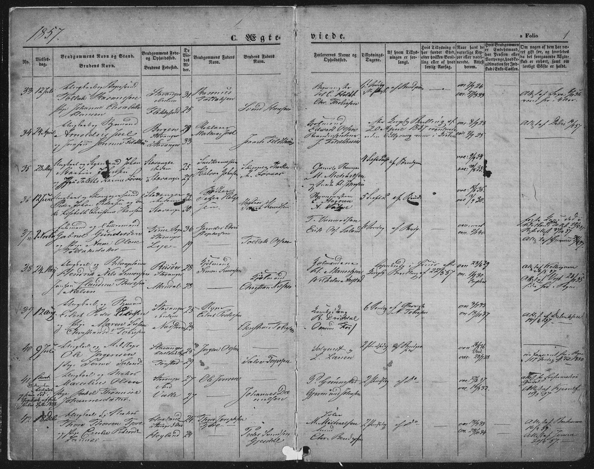 Domkirken sokneprestkontor, SAST/A-101812/001/30/30BA/L0019: Ministerialbok nr. A 18, 1857-1877, s. 1