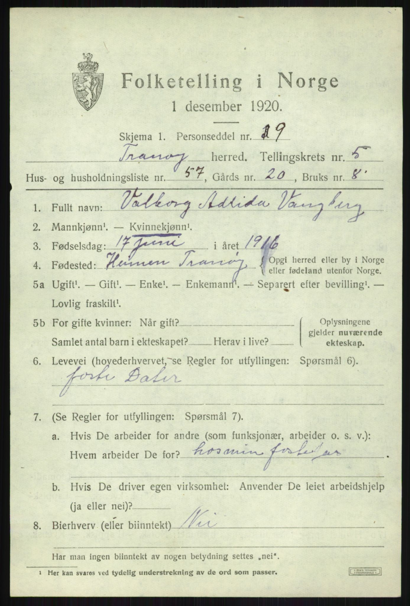 SATØ, Folketelling 1920 for 1927 Tranøy herred, 1920, s. 3121