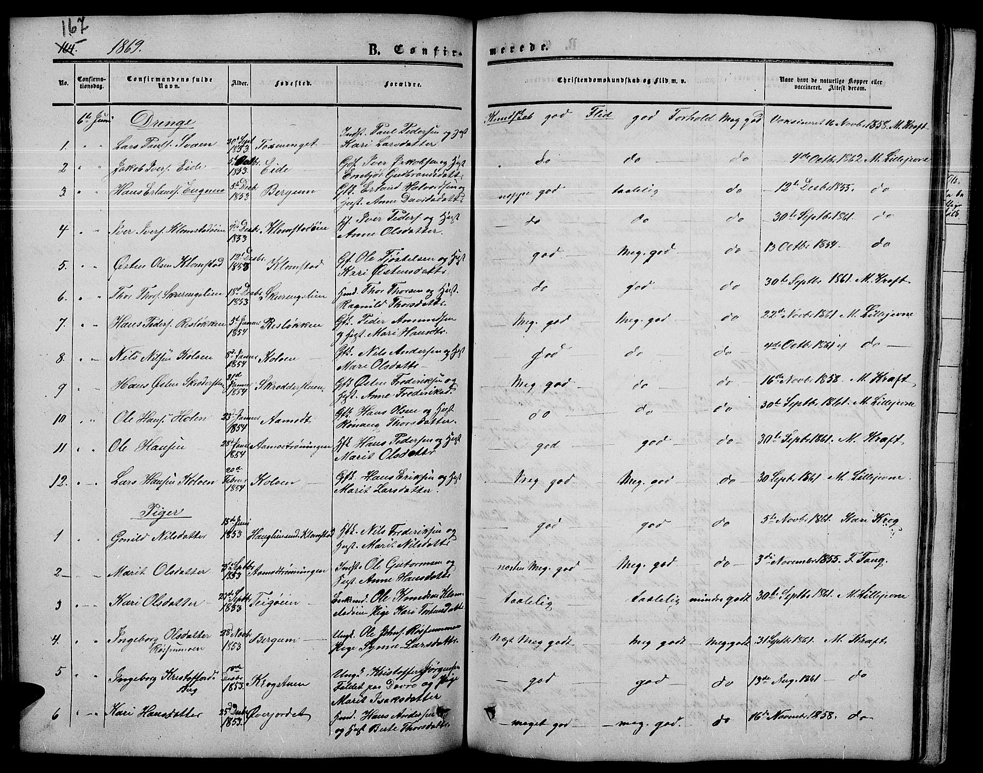 Nord-Fron prestekontor, AV/SAH-PREST-080/H/Ha/Hab/L0003: Klokkerbok nr. 3, 1851-1886, s. 167