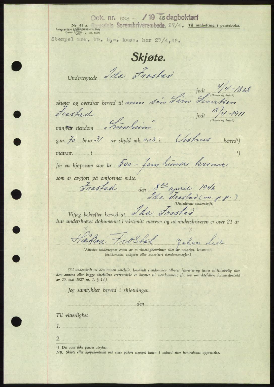 Romsdal sorenskriveri, SAT/A-4149/1/2/2C: Pantebok nr. A19, 1946-1946, Dagboknr: 628/1946