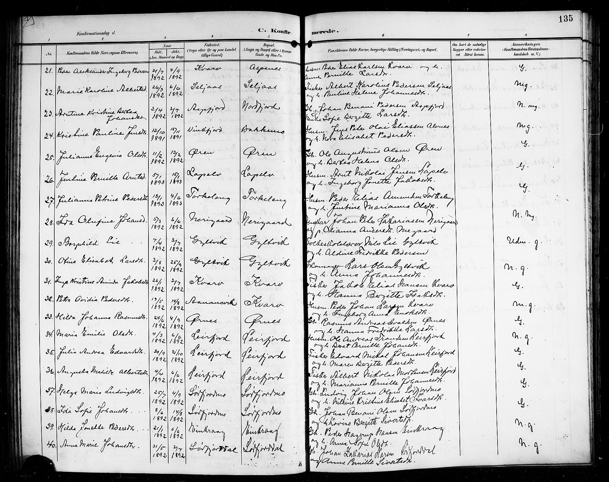 Ministerialprotokoller, klokkerbøker og fødselsregistre - Nordland, AV/SAT-A-1459/854/L0786: Klokkerbok nr. 854C02, 1901-1912, s. 135