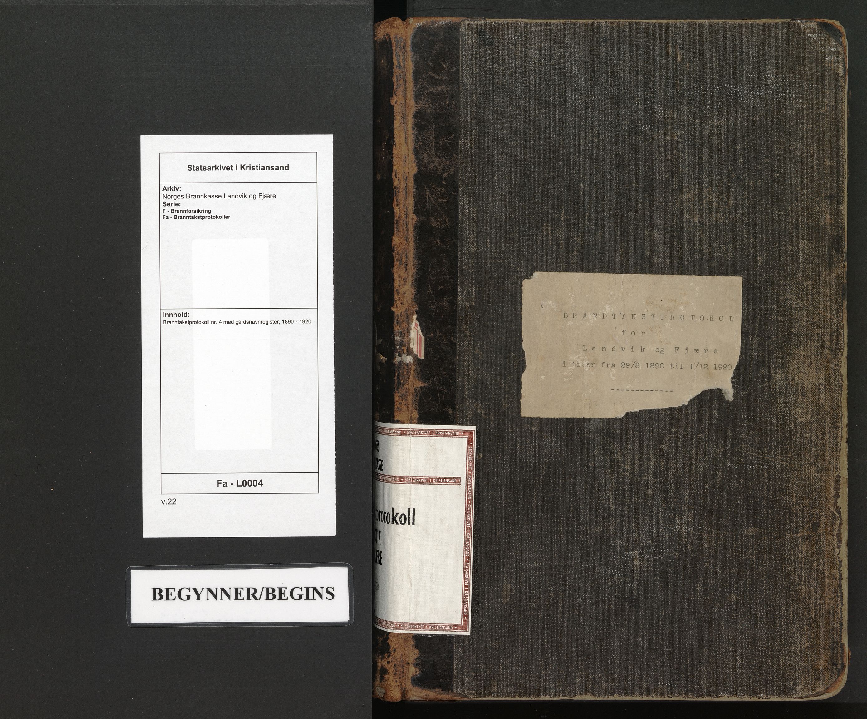 Norges Brannkasse Landvik og Fjære, SAK/2241-0032/F/Fa/L0004: Branntakstprotokoll nr. 4 med gårdsnavnregister, 1890-1920