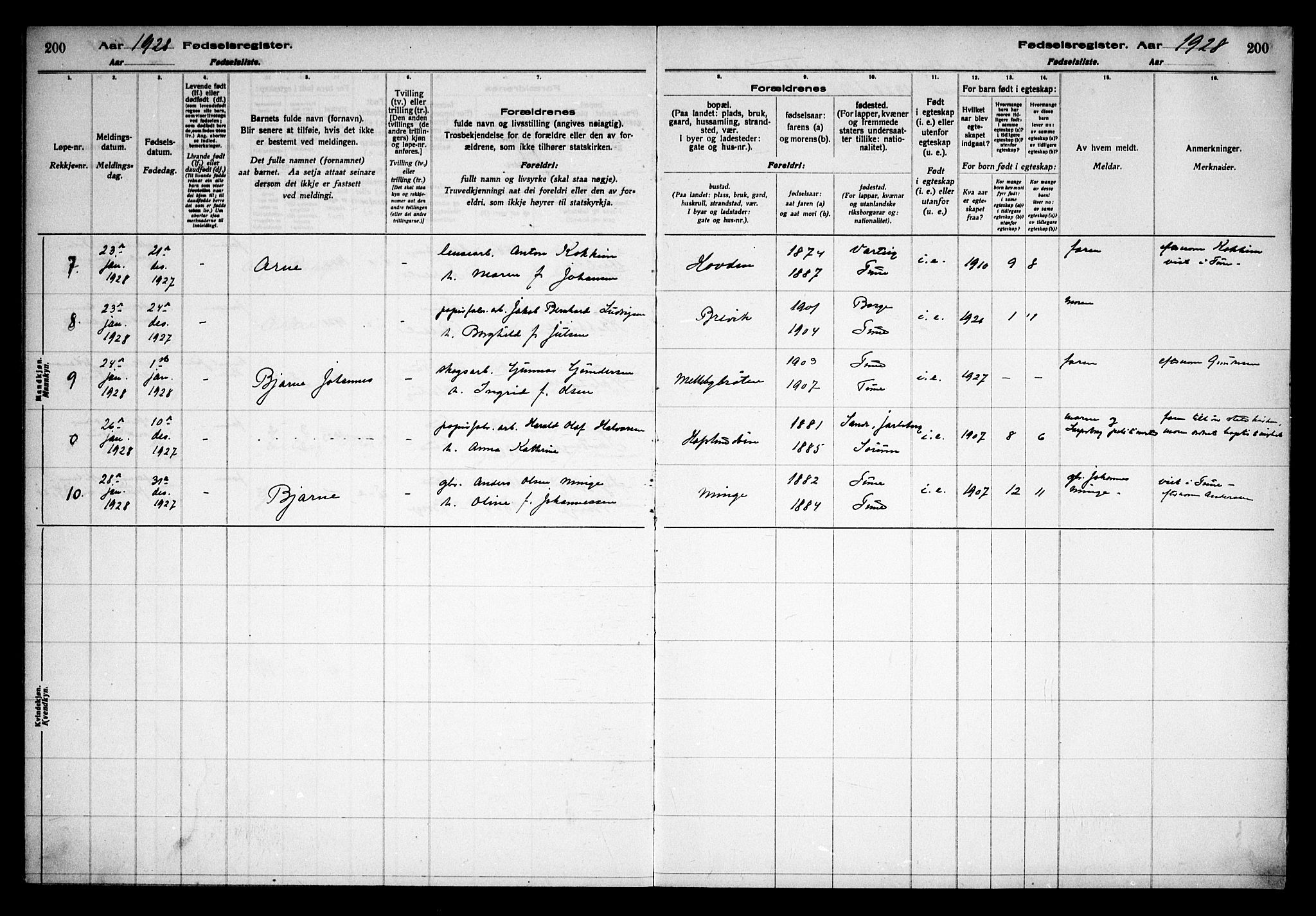 Tune prestekontor Kirkebøker, AV/SAO-A-2007/J/Ja/L0001: Fødselsregister nr. I 1, 1916-1928, s. 200