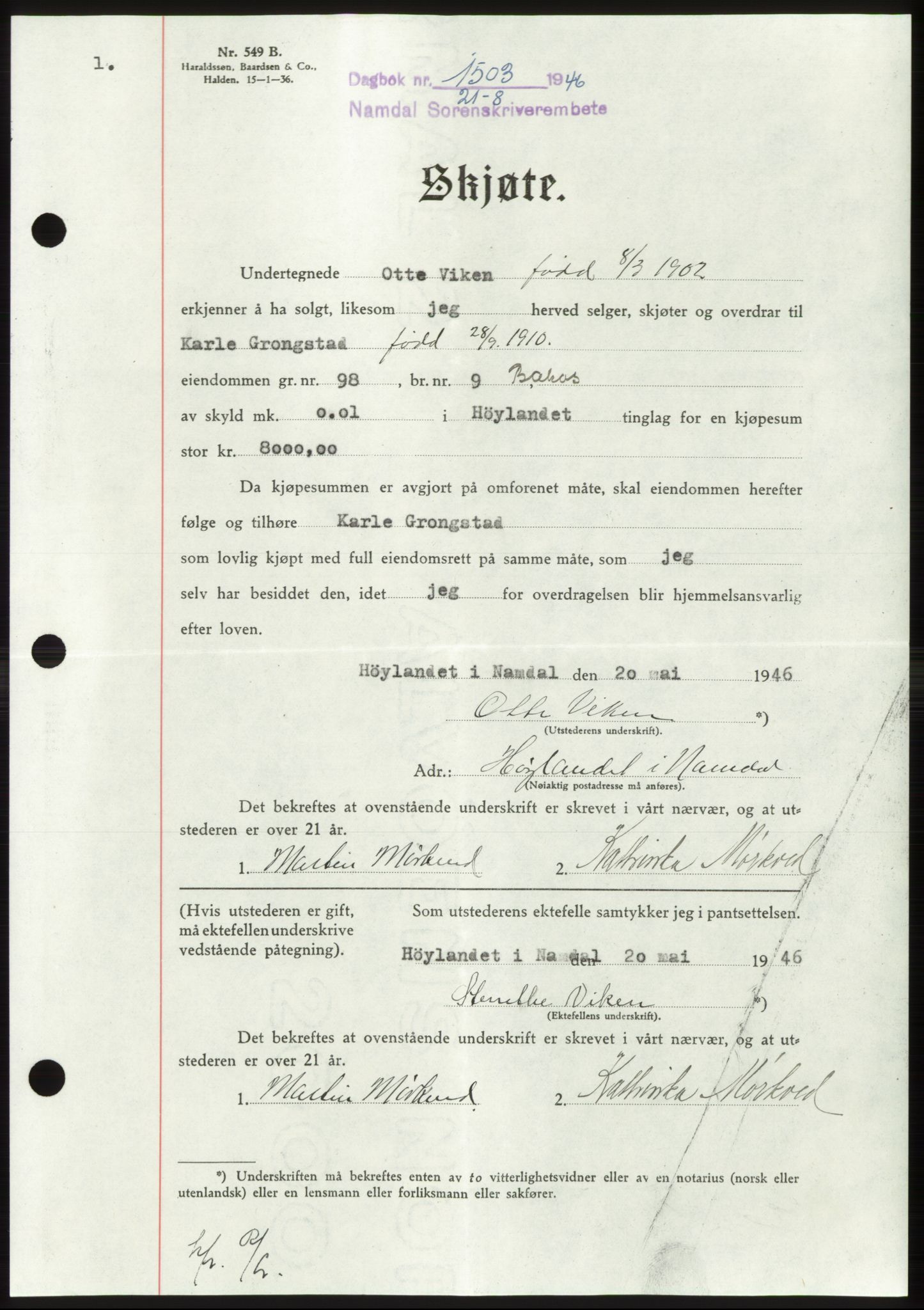 Namdal sorenskriveri, SAT/A-4133/1/2/2C: Pantebok nr. -, 1946-1946, Dagboknr: 1503/1946