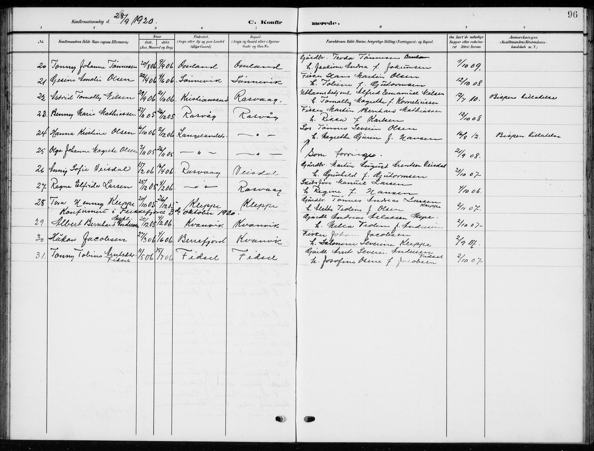 Flekkefjord sokneprestkontor, AV/SAK-1111-0012/F/Fb/Fbb/L0005: Klokkerbok nr. B 5, 1908-1927, s. 96