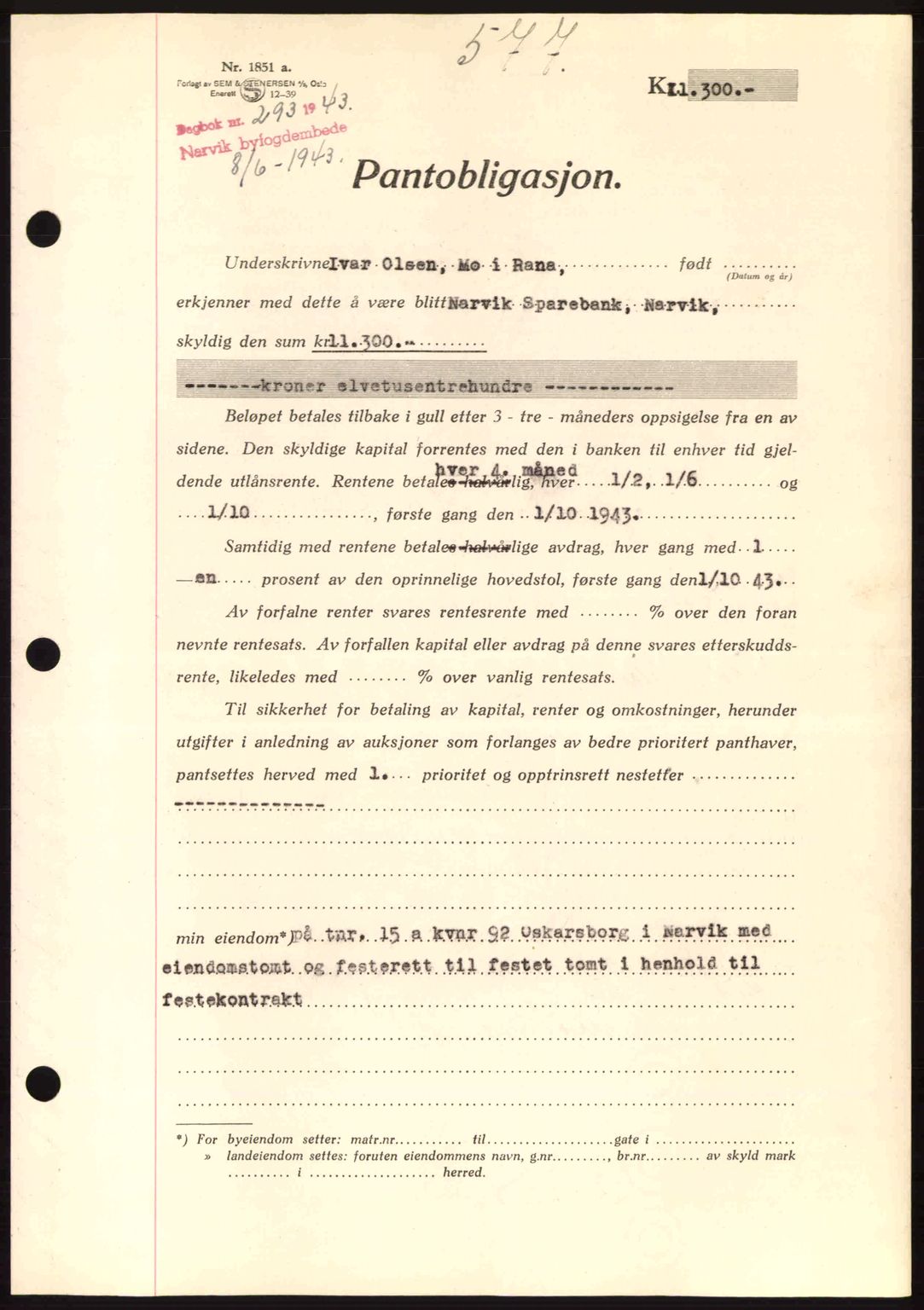 Narvik sorenskriveri, SAT/A-0002/1/2/2C/2Ca: Pantebok nr. A19, 1942-1943, Dagboknr: 293/1943