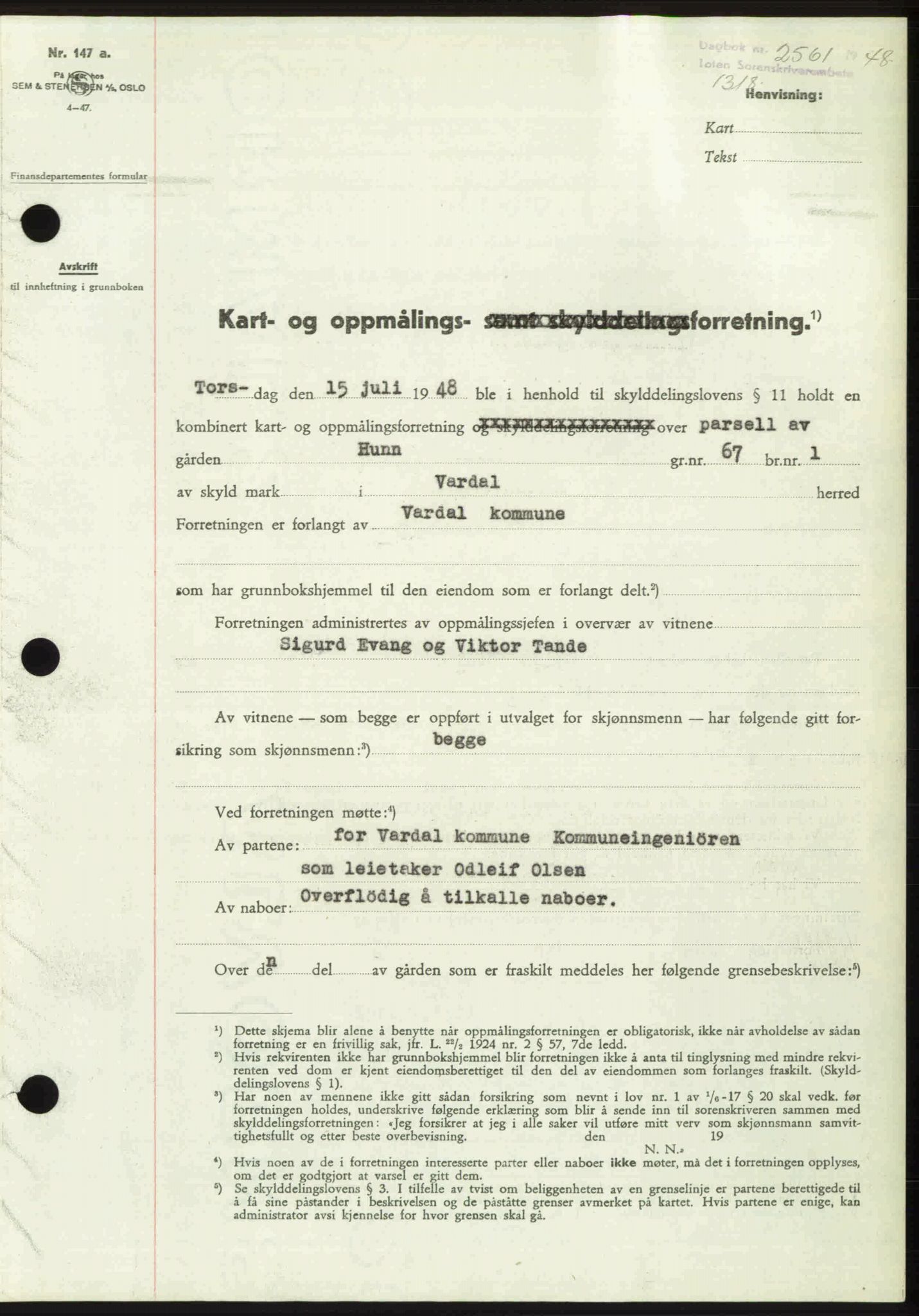 Toten tingrett, SAH/TING-006/H/Hb/Hbc/L0020: Pantebok nr. Hbc-20, 1948-1948, Dagboknr: 2561/1948