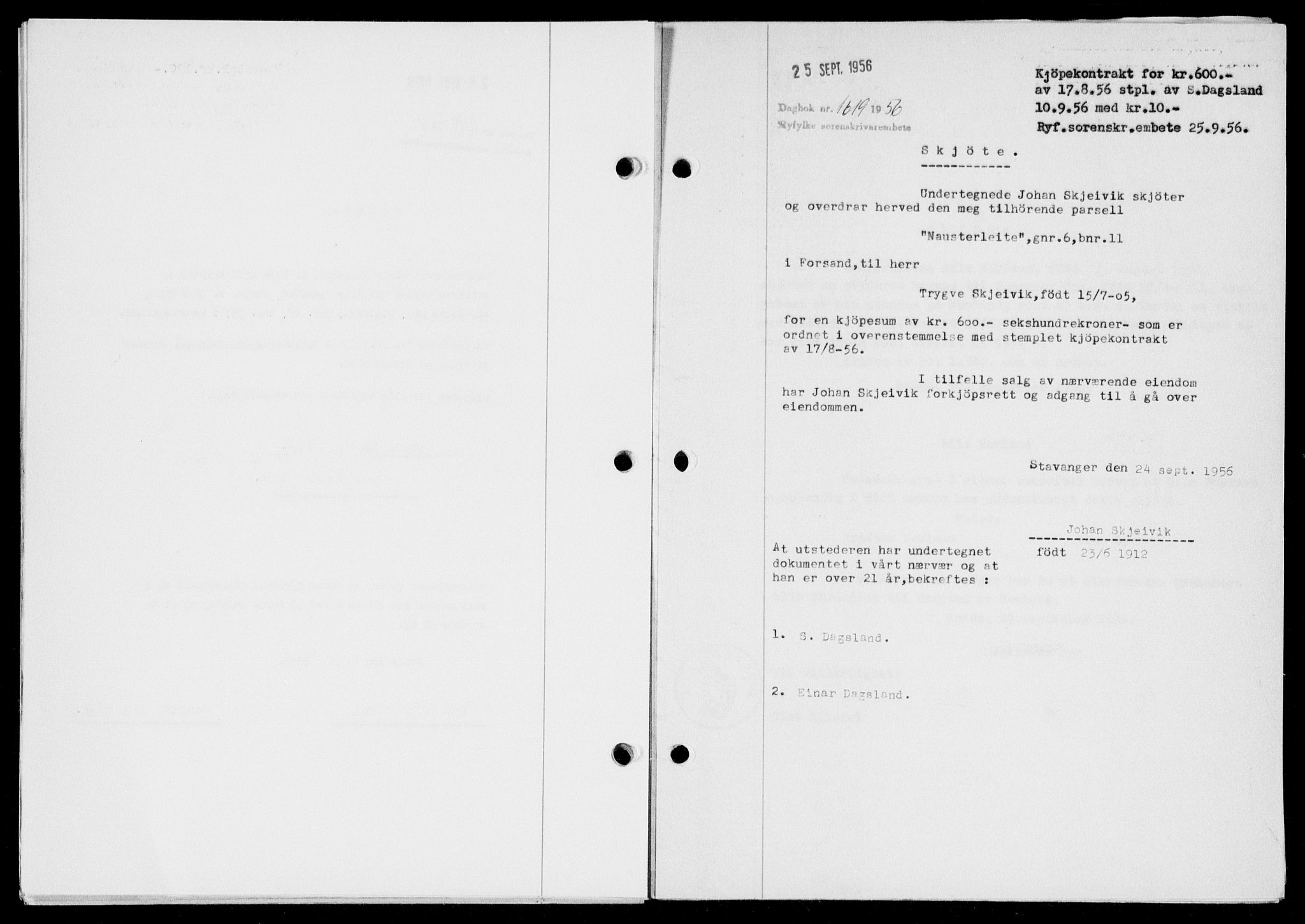 Ryfylke tingrett, SAST/A-100055/001/II/IIB/L0134: Pantebok nr. 113, 1956-1956, Dagboknr: 1619/1956