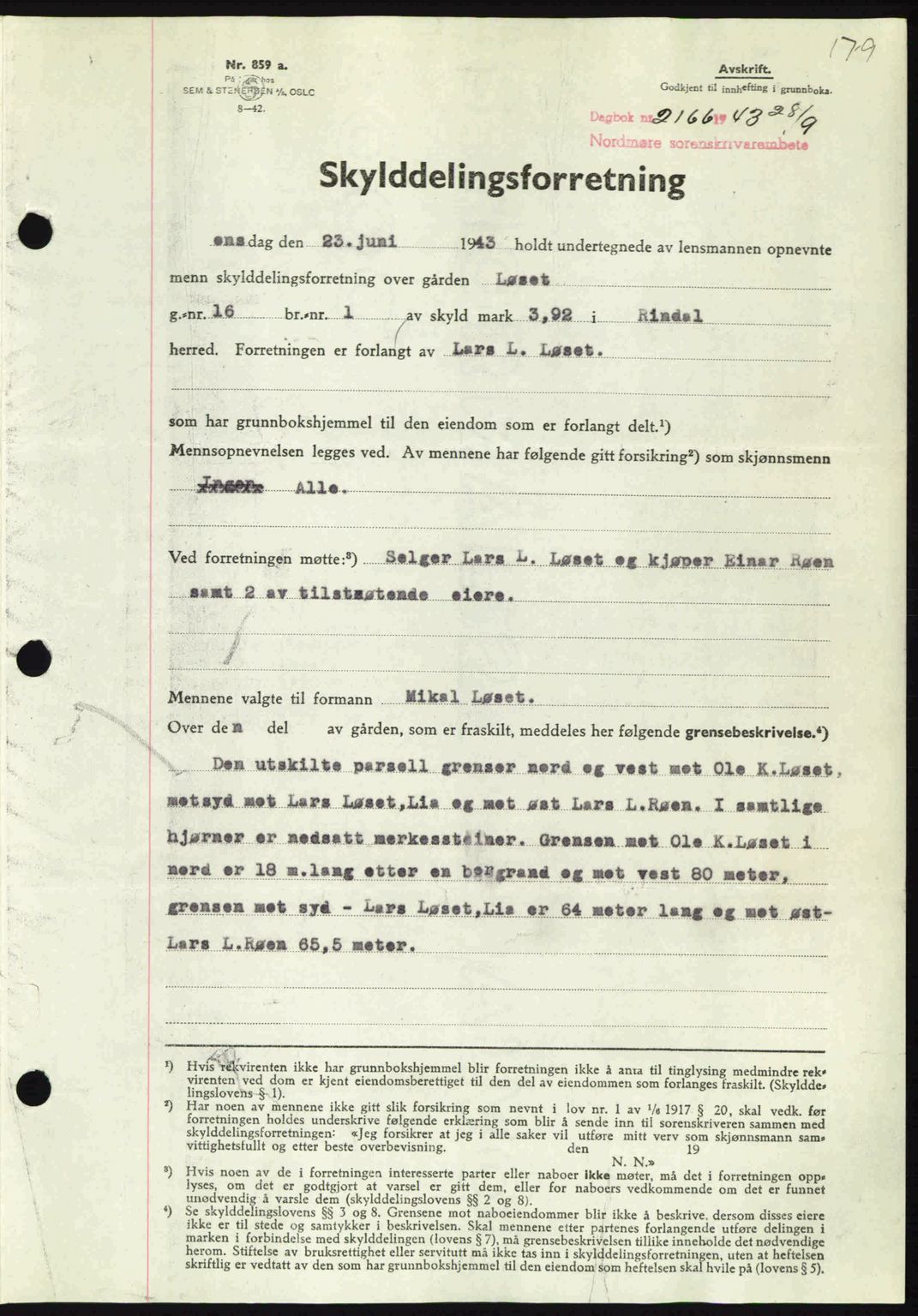 Nordmøre sorenskriveri, SAT/A-4132/1/2/2Ca: Pantebok nr. A96, 1943-1944, Dagboknr: 2166/1943