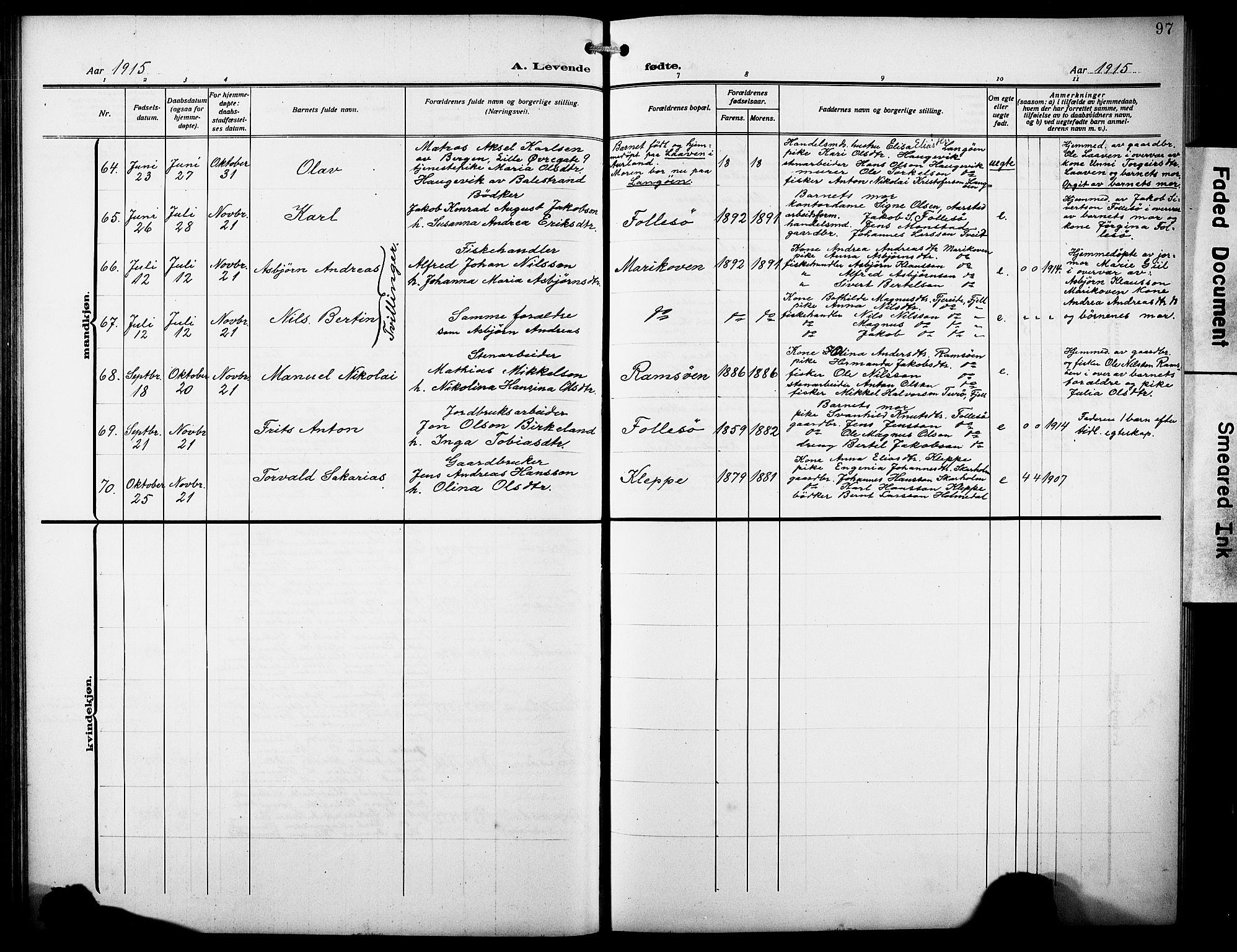 Askøy Sokneprestembete, SAB/A-74101/H/Ha/Hab/Haba/L0011: Klokkerbok nr. A 11, 1908-1931, s. 97