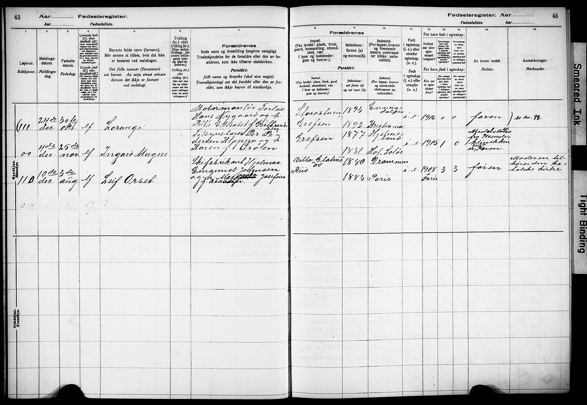 Vestre Aker prestekontor Kirkebøker, AV/SAO-A-10025/J/Ja/L0001: Fødselsregister nr. 1, 1916-1922, s. 45