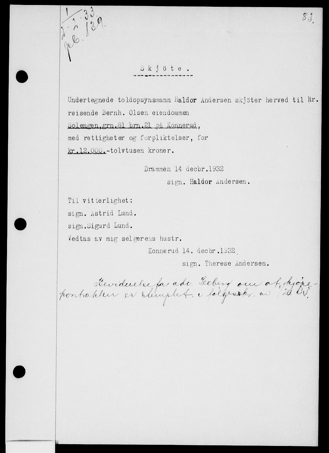 Nordre Jarlsberg sorenskriveri, AV/SAKO-A-80/G/Ga/Gac/L0043: Pantebok nr. I 43, 1933-1933, s. 83