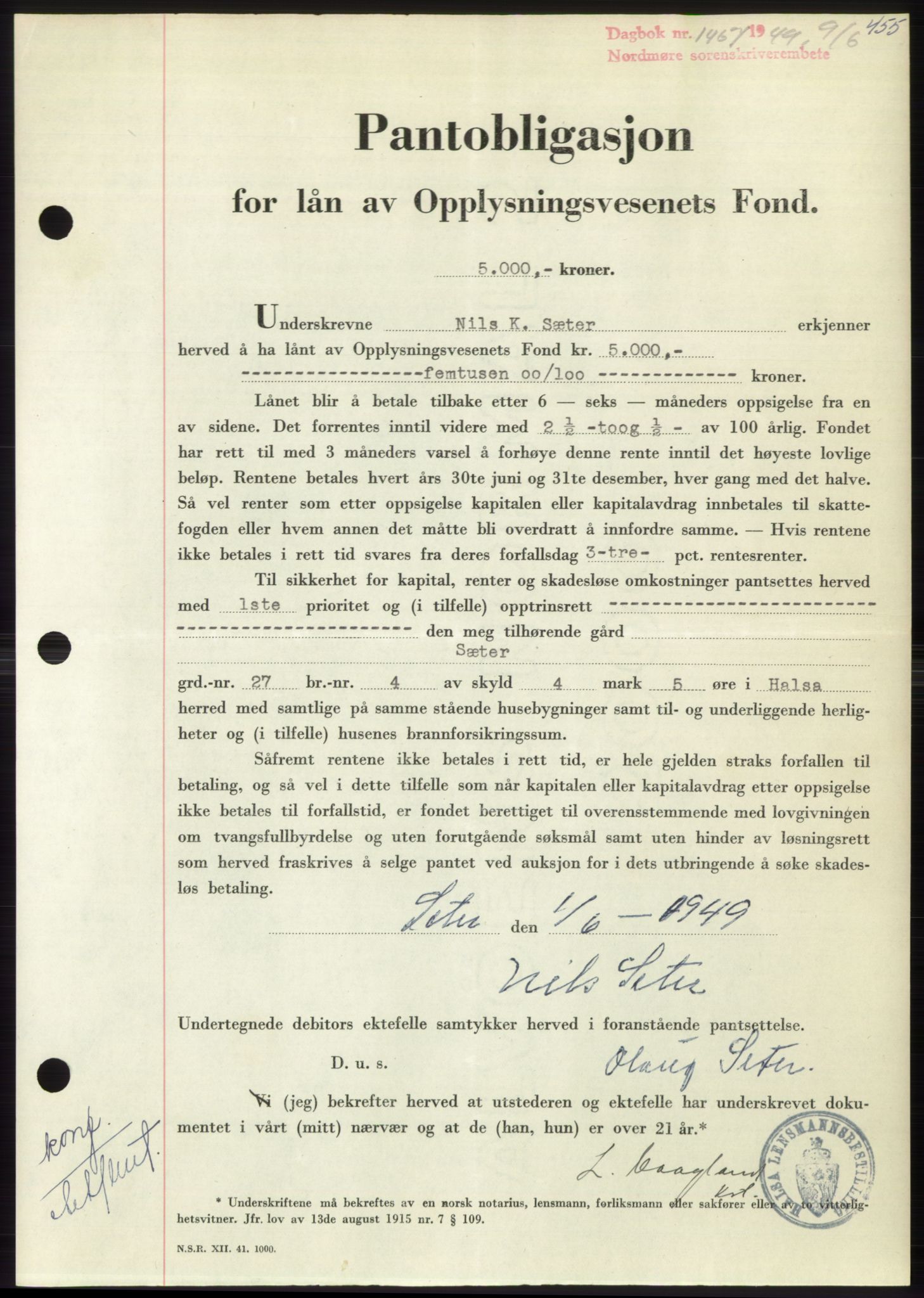 Nordmøre sorenskriveri, SAT/A-4132/1/2/2Ca: Pantebok nr. B101, 1949-1949, Dagboknr: 1467/1949