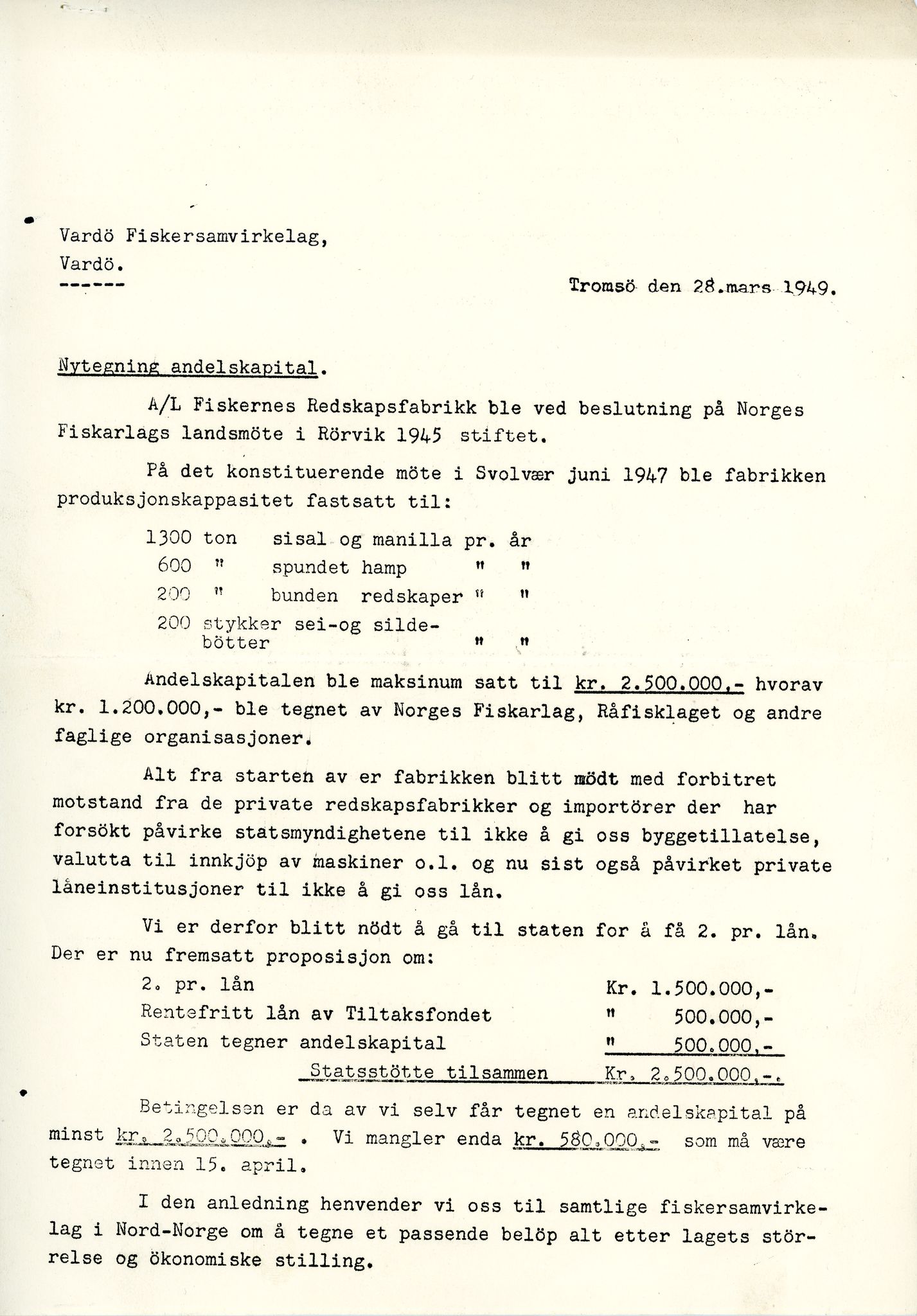 Vardø Fiskersamvirkelag, VAMU/A-0037/D/Da/L0002: Korrespondanse Er-Fi, 1946-1951