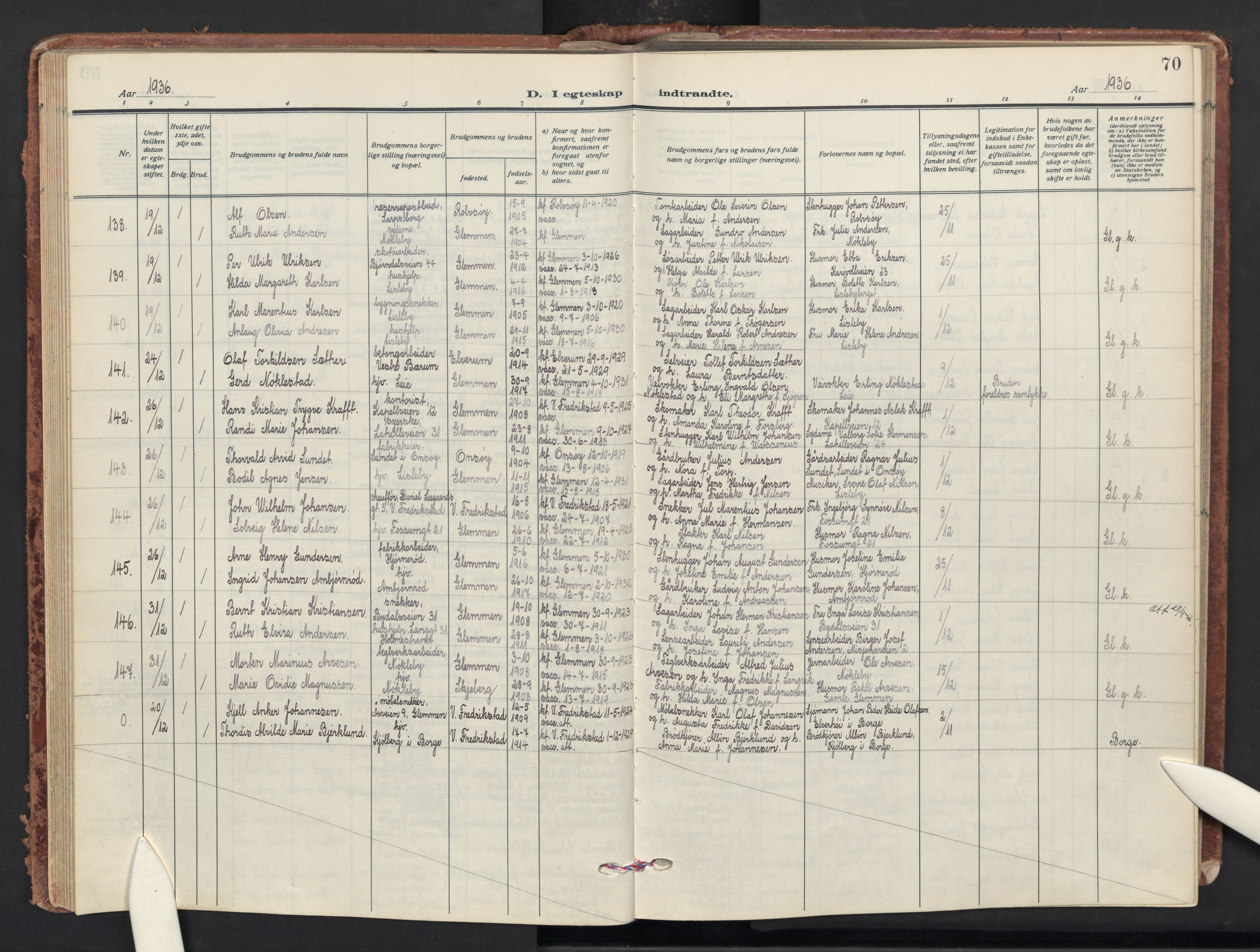 Glemmen prestekontor Kirkebøker, AV/SAO-A-10908/G/Ga/L0010: Klokkerbok nr. 10, 1928-1951, s. 70
