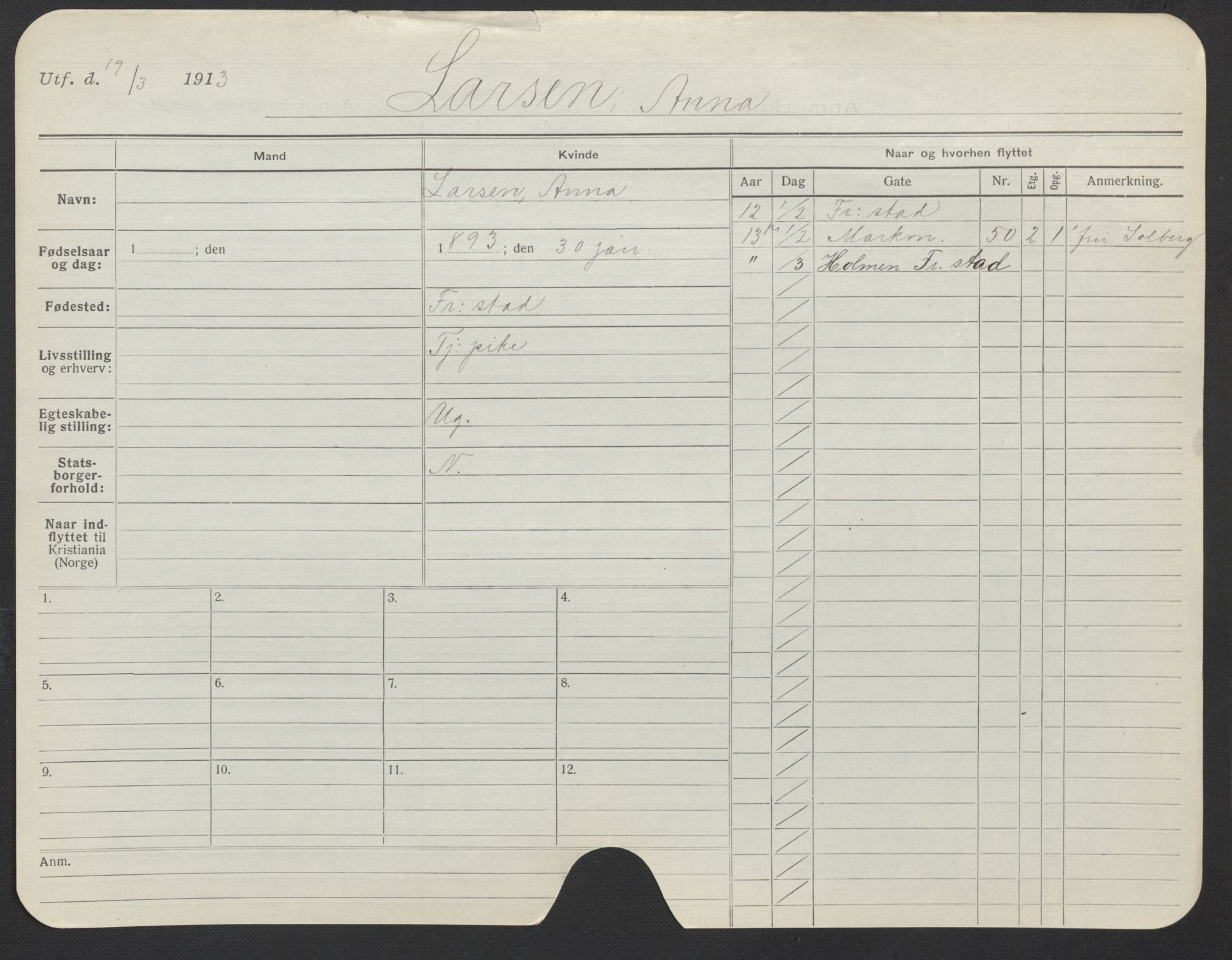 Oslo folkeregister, Registerkort, AV/SAO-A-11715/F/Fa/Fac/L0019: Kvinner, 1906-1914, s. 805a