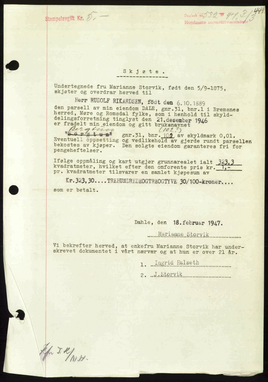 Nordmøre sorenskriveri, SAT/A-4132/1/2/2Ca: Pantebok nr. A104, 1947-1947, Dagboknr: 532/1947