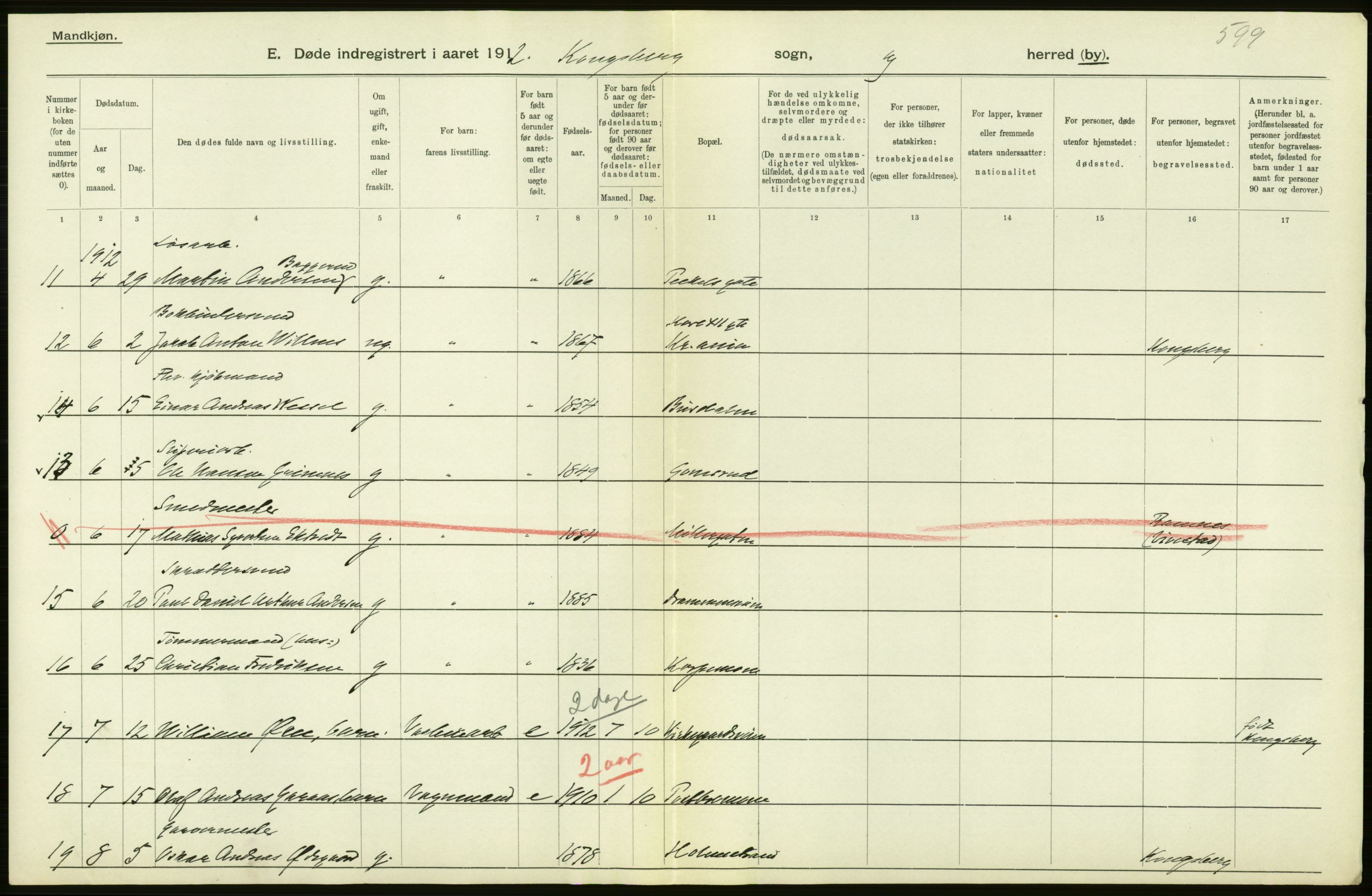 Statistisk sentralbyrå, Sosiodemografiske emner, Befolkning, AV/RA-S-2228/D/Df/Dfb/Dfbb/L0017: Buskeruds amt: Døde. Bygder og byer., 1912, s. 54