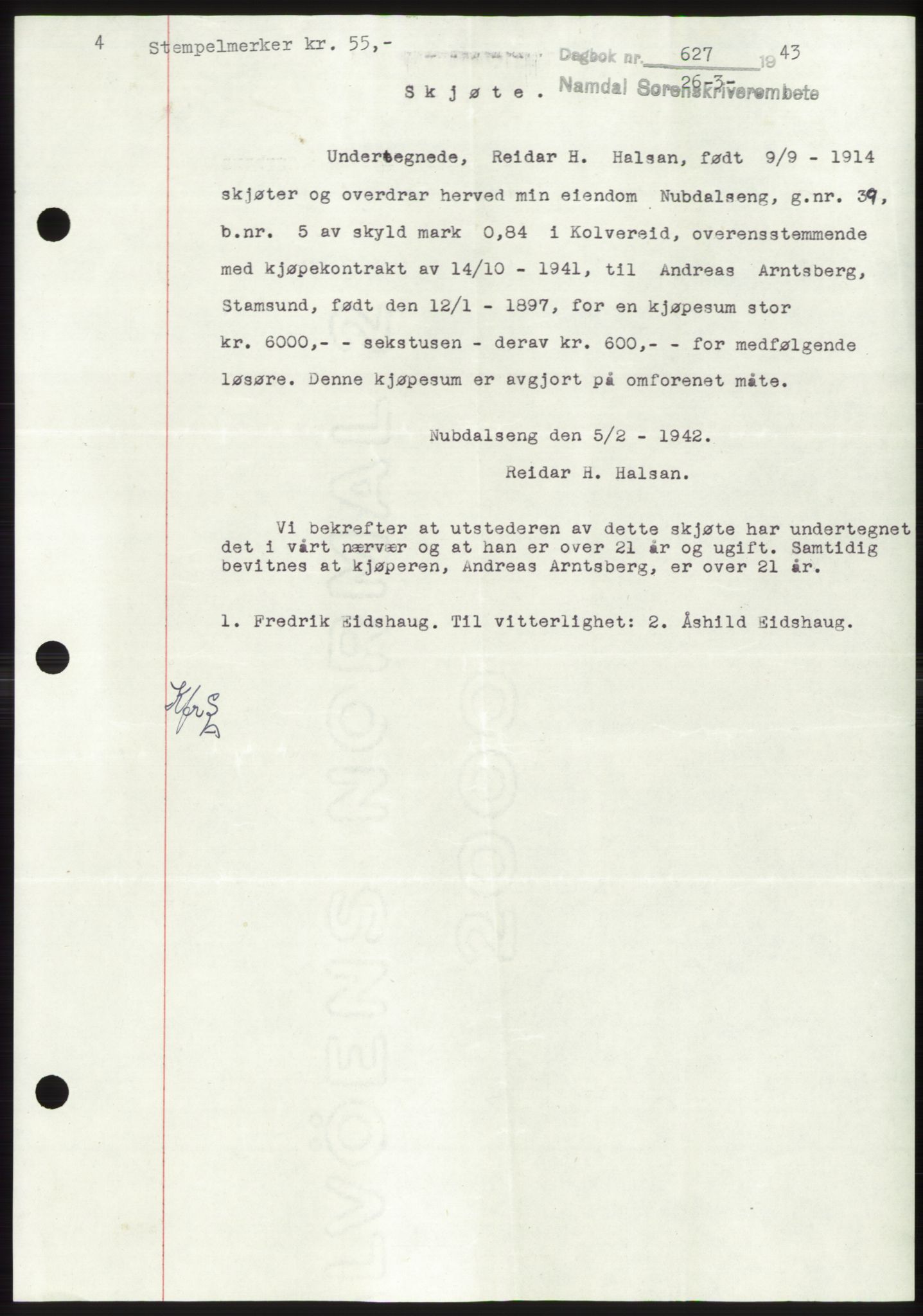 Namdal sorenskriveri, SAT/A-4133/1/2/2C: Pantebok nr. -, 1942-1943, Dagboknr: 627/1943