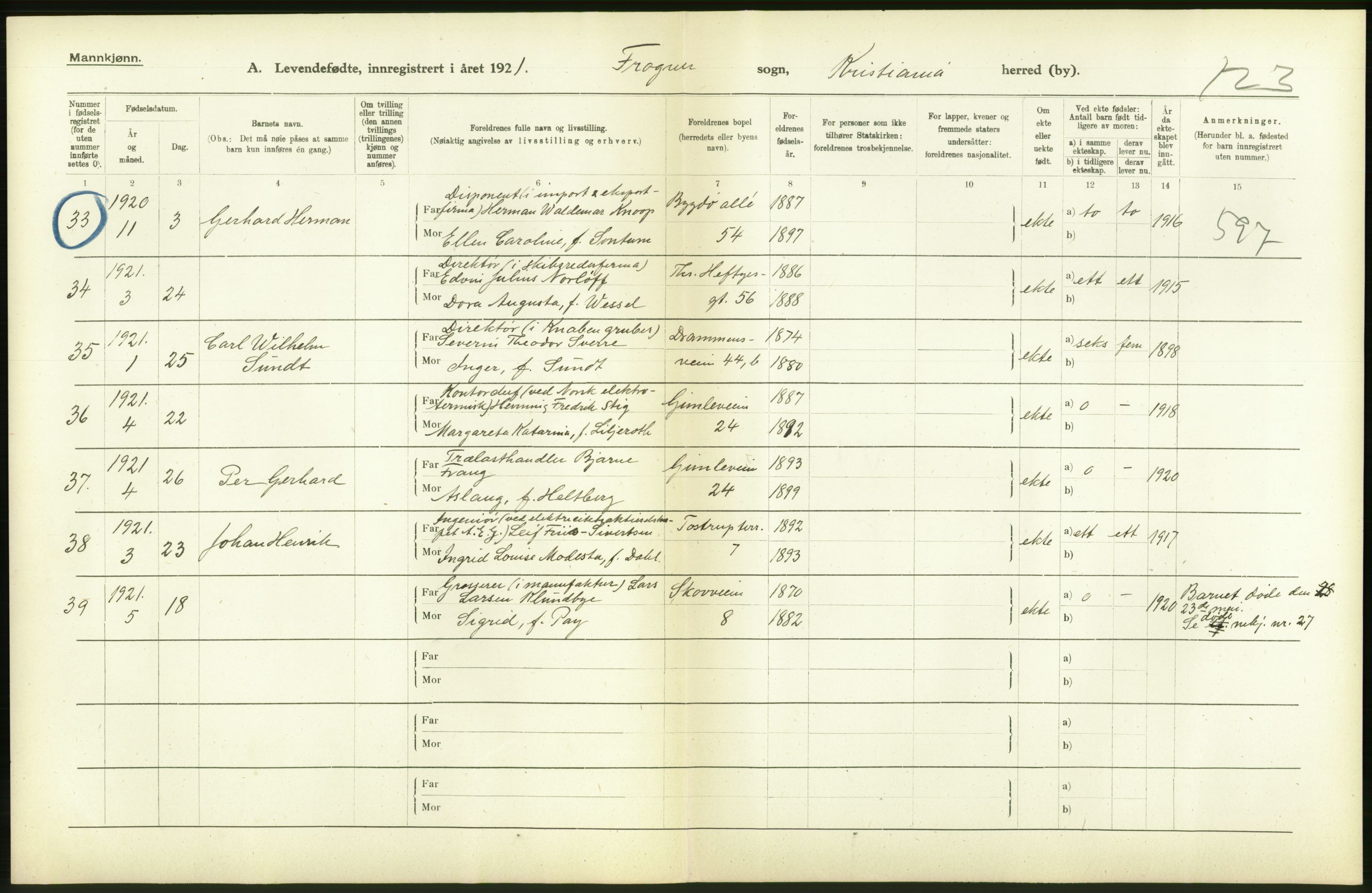 Statistisk sentralbyrå, Sosiodemografiske emner, Befolkning, AV/RA-S-2228/D/Df/Dfc/Dfca/L0010: Kristiania: Levendefødte menn og kvinner., 1921, s. 60