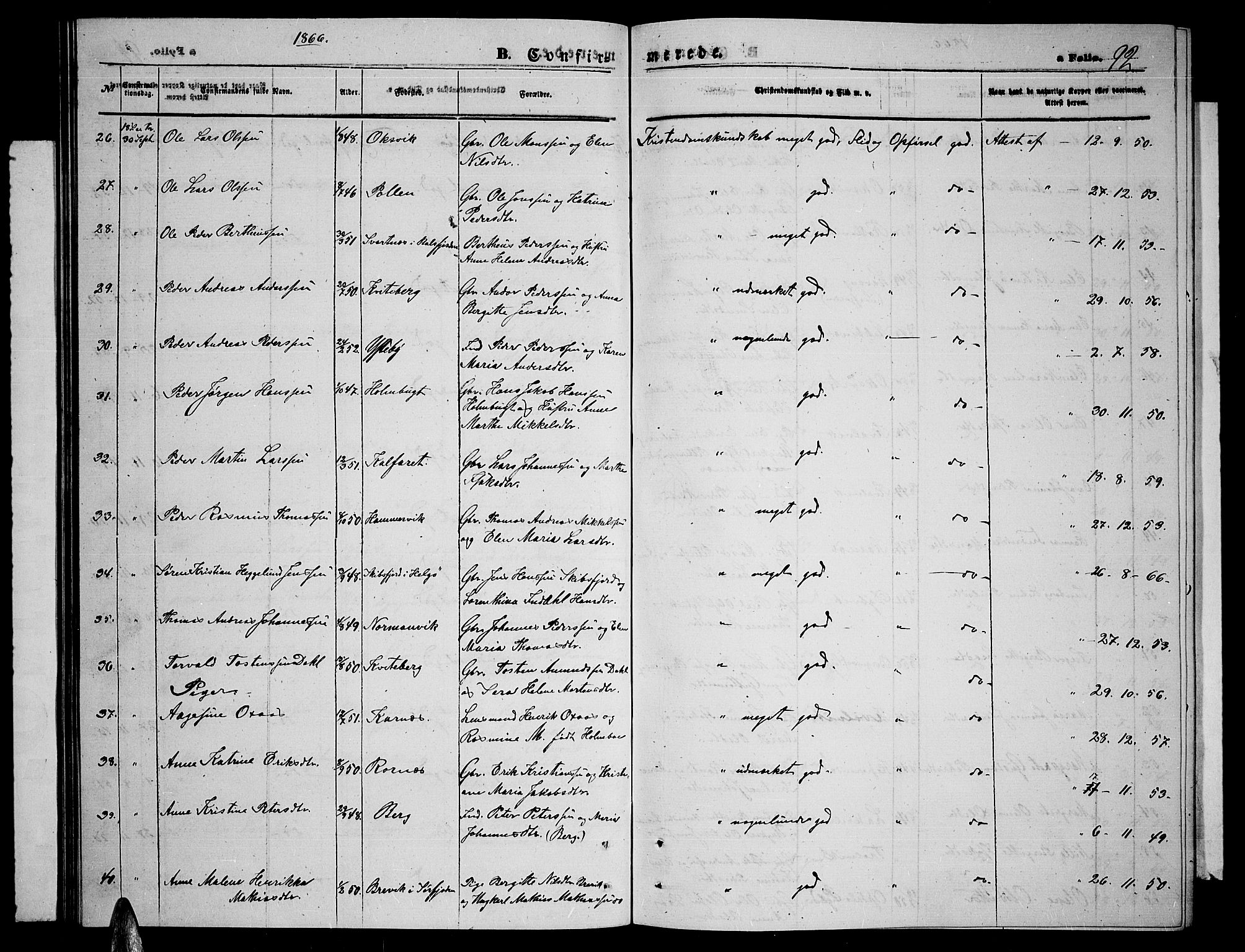 Lyngen sokneprestembete, AV/SATØ-S-1289/H/He/Heb/L0003klokker: Klokkerbok nr. 3, 1861-1867, s. 92