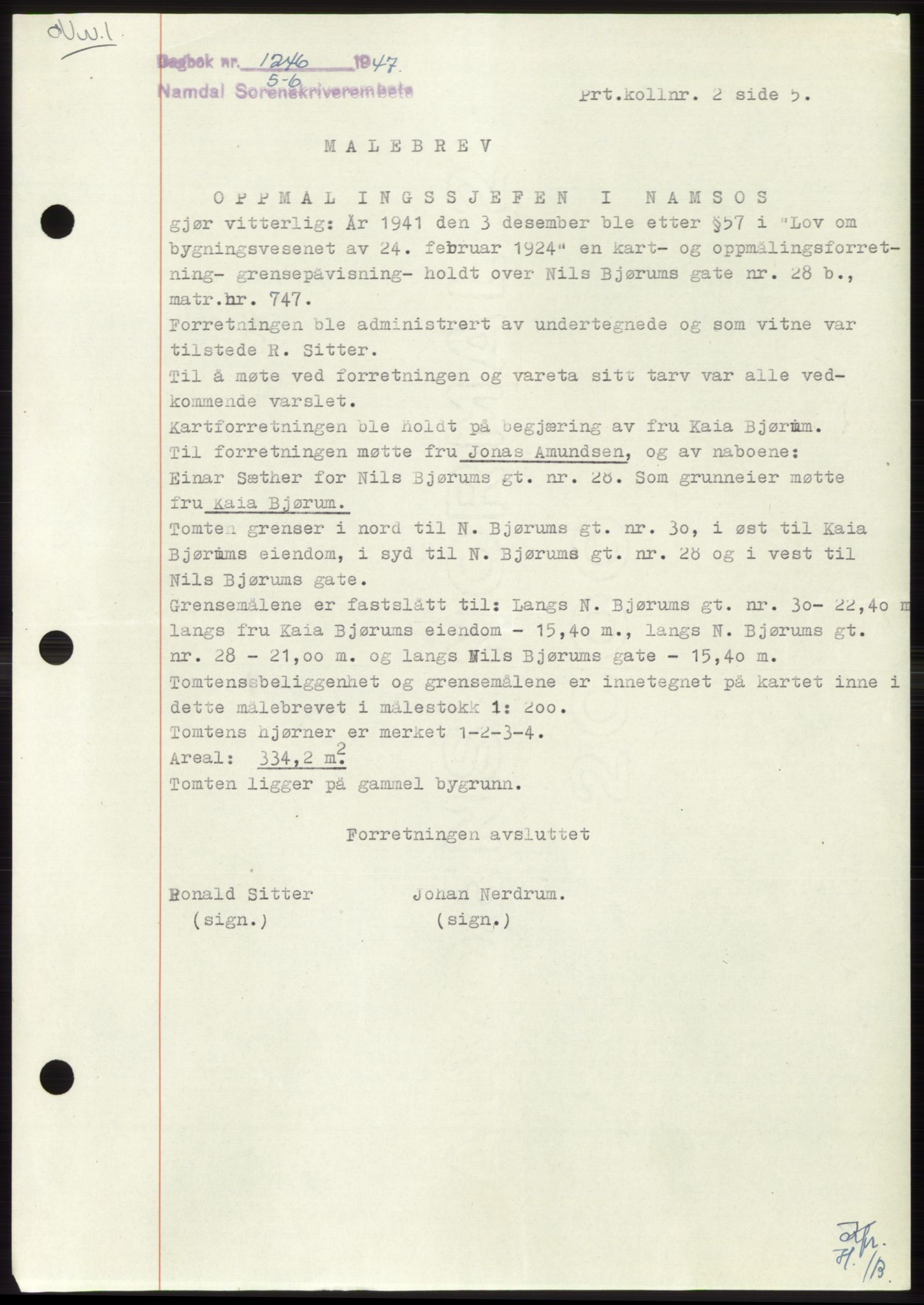 Namdal sorenskriveri, SAT/A-4133/1/2/2C: Pantebok nr. -, 1947-1947, Dagboknr: 1246/1947