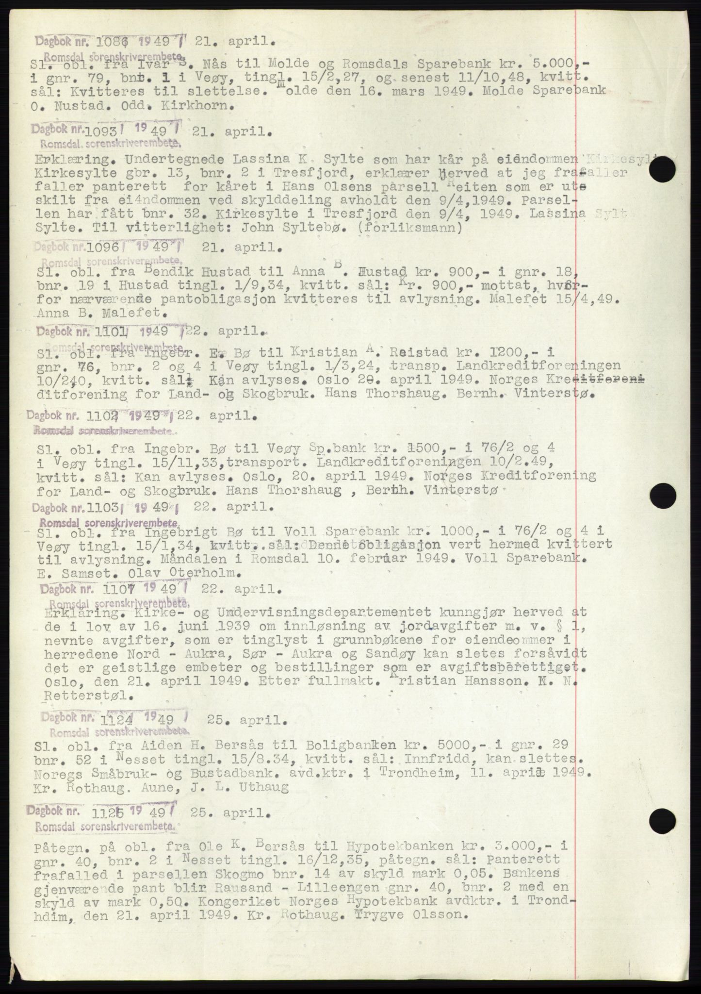 Romsdal sorenskriveri, SAT/A-4149/1/2/2C: Pantebok nr. C2, 1949-1951, Dagboknr: 1086/1949
