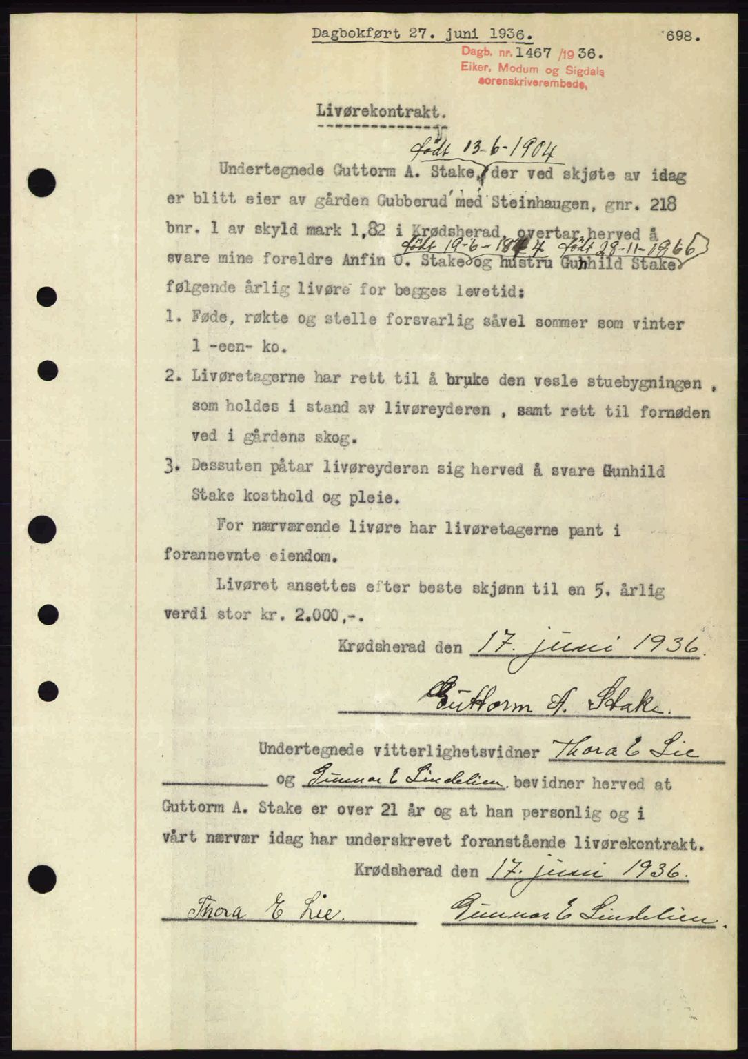 Eiker, Modum og Sigdal sorenskriveri, SAKO/A-123/G/Ga/Gab/L0032: Pantebok nr. A2, 1936-1936, Dagboknr: 1467/1936