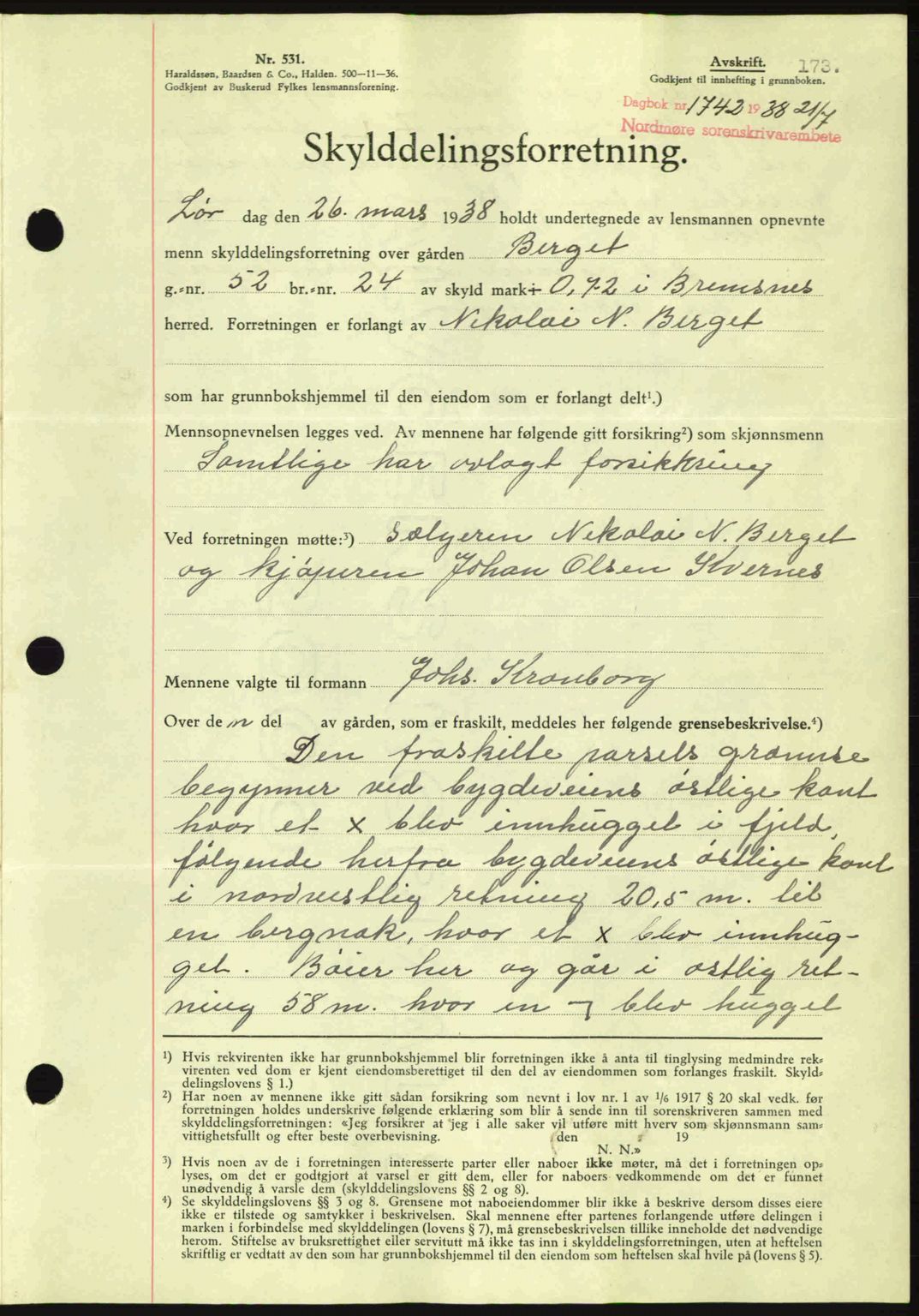 Nordmøre sorenskriveri, SAT/A-4132/1/2/2Ca: Pantebok nr. A84, 1938-1938, Dagboknr: 1742/1938