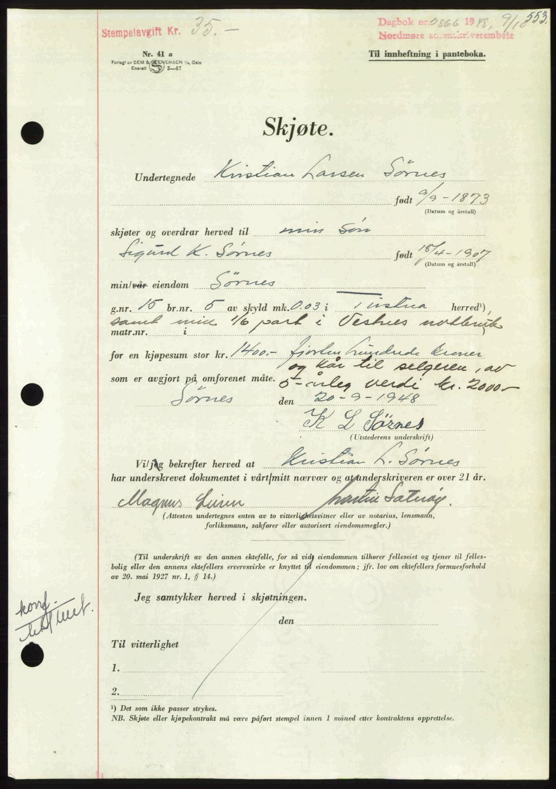 Nordmøre sorenskriveri, AV/SAT-A-4132/1/2/2Ca: Pantebok nr. A109, 1948-1948, Dagboknr: 2866/1948