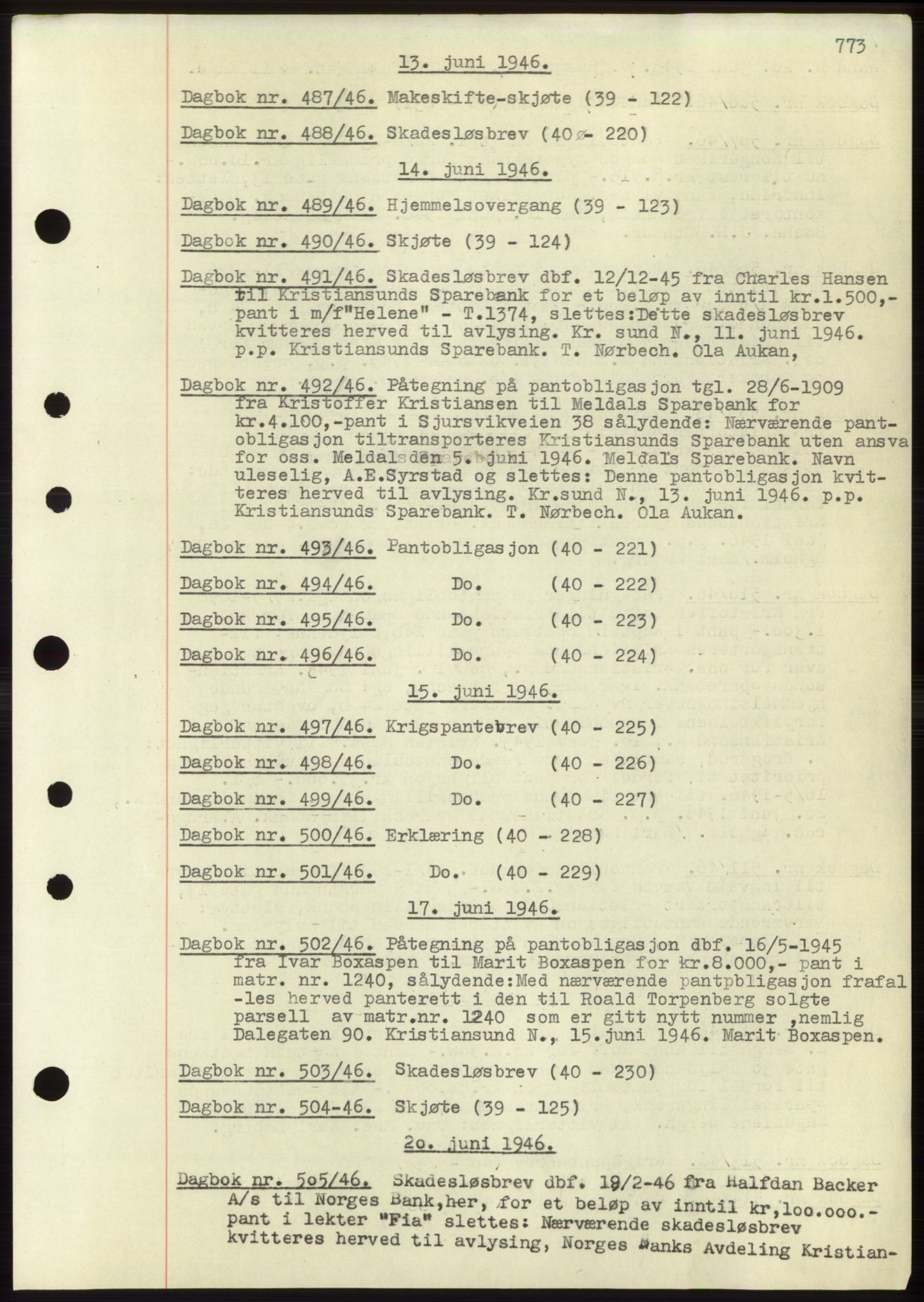 Kristiansund byfogd, SAT/A-4587/A/27: Pantebok nr. 32b, 1945-1950, Dagboknr: 490/1946