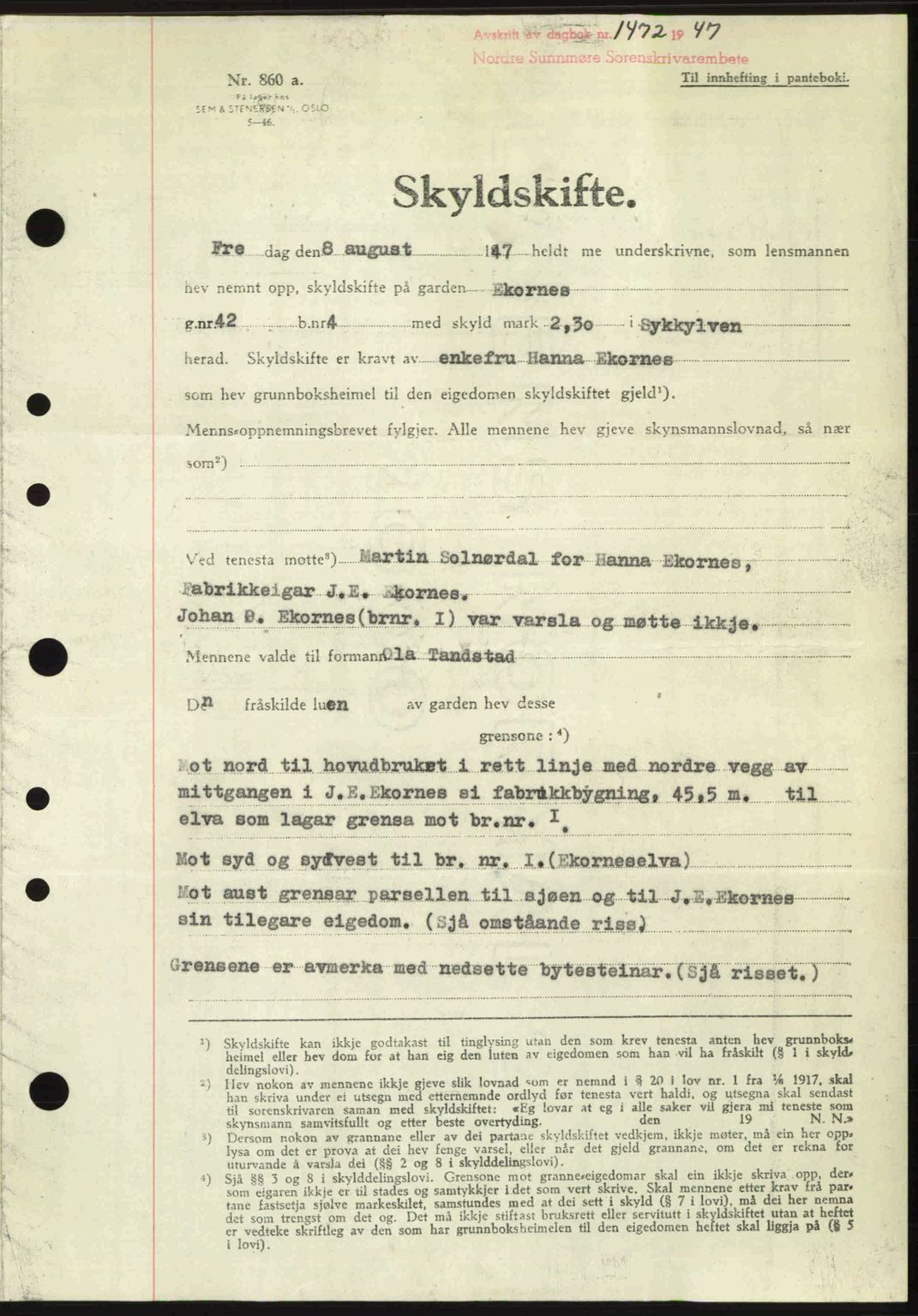 Nordre Sunnmøre sorenskriveri, AV/SAT-A-0006/1/2/2C/2Ca: Pantebok nr. A25, 1947-1947, Dagboknr: 1472/1947