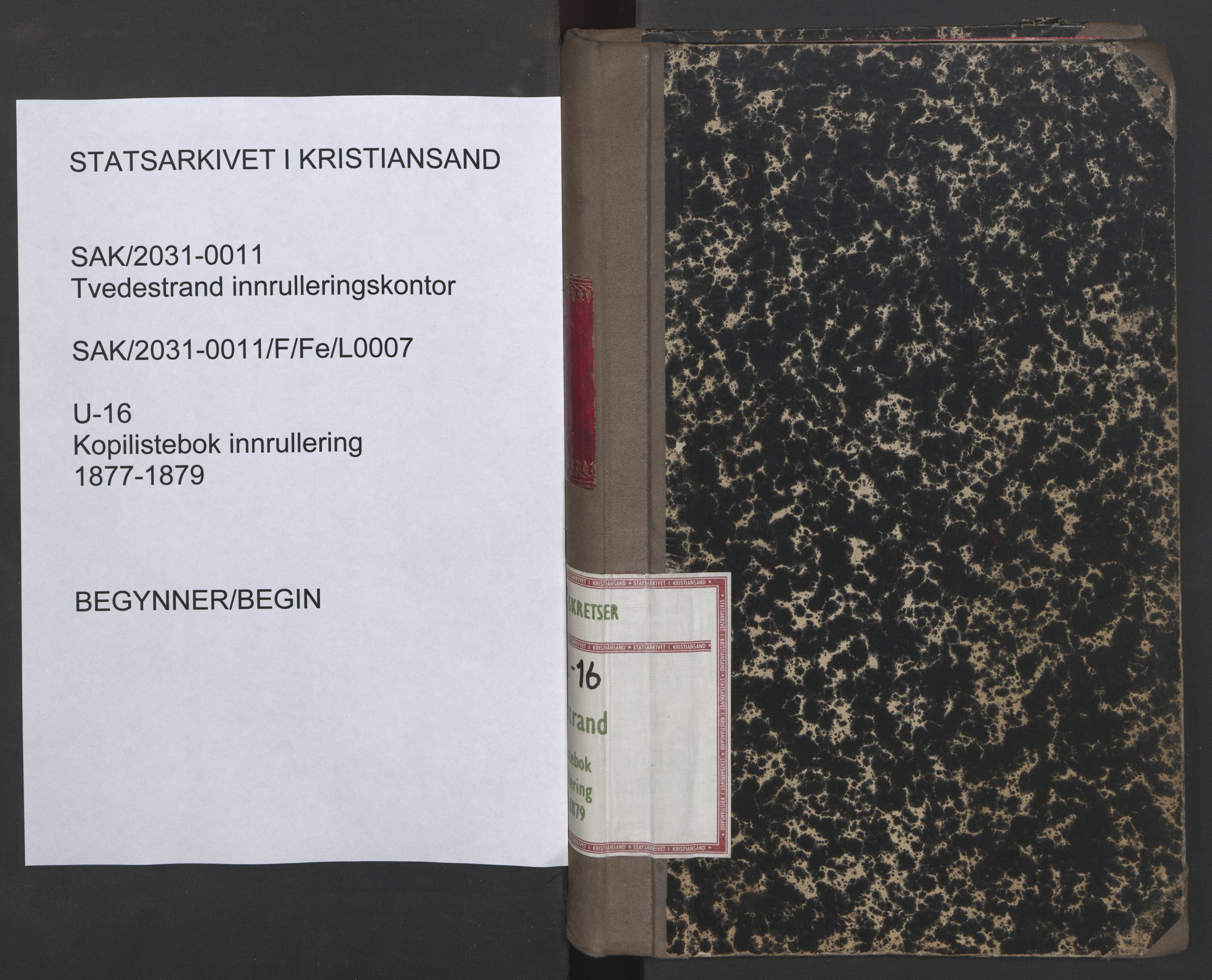 Tvedestrand mønstringskrets, AV/SAK-2031-0011/F/Fe/L0007: Kopilistebok innrullering, U-16, 1877-1879, s. 1