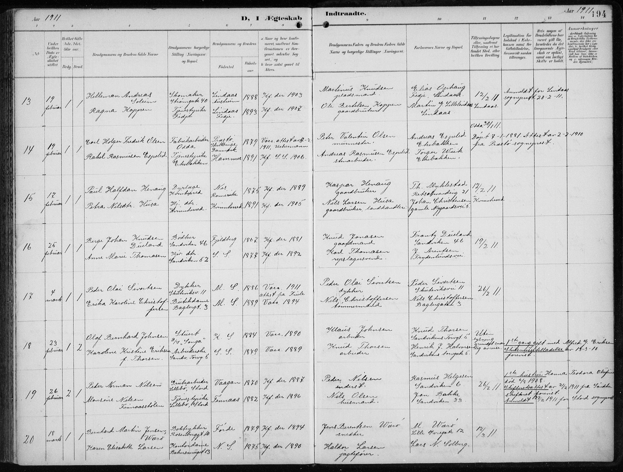 Sandviken Sokneprestembete, AV/SAB-A-77601/H/Ha/L0014: Ministerialbok nr. D 1, 1896-1911, s. 194