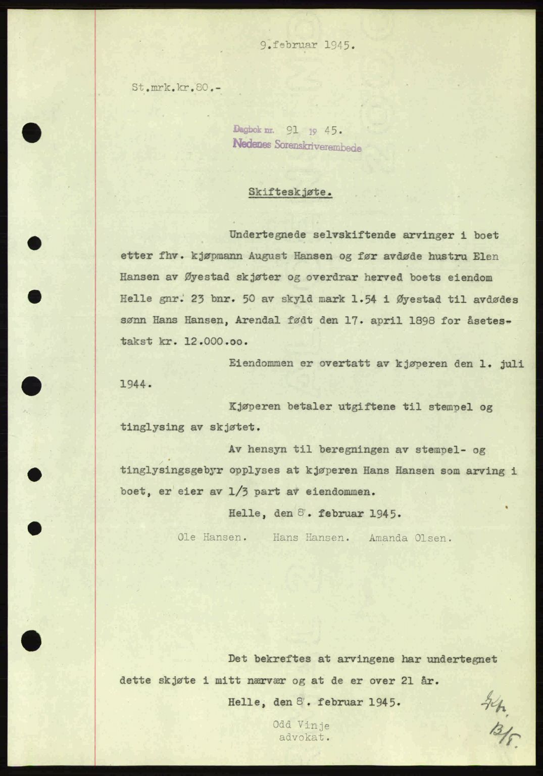 Nedenes sorenskriveri, SAK/1221-0006/G/Gb/Gba/L0052: Pantebok nr. A6a, 1944-1945, Dagboknr: 91/1945