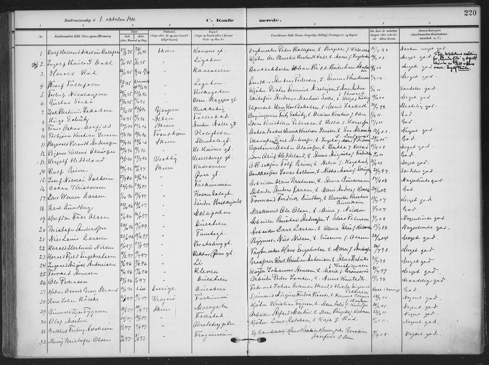 Skien kirkebøker, AV/SAKO-A-302/F/Fa/L0012: Ministerialbok nr. 12, 1908-1914, s. 220