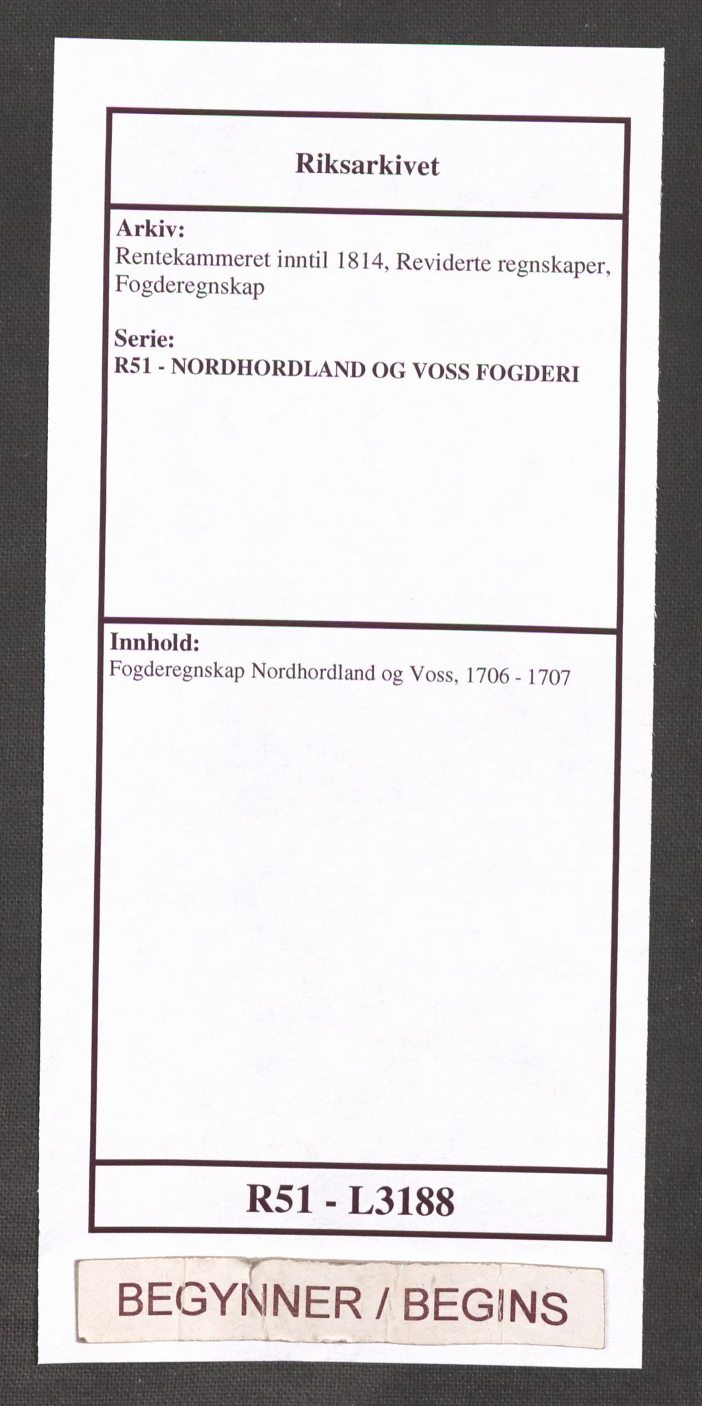 Rentekammeret inntil 1814, Reviderte regnskaper, Fogderegnskap, RA/EA-4092/R51/L3188: Fogderegnskap Nordhordland og Voss, 1706-1707, s. 1
