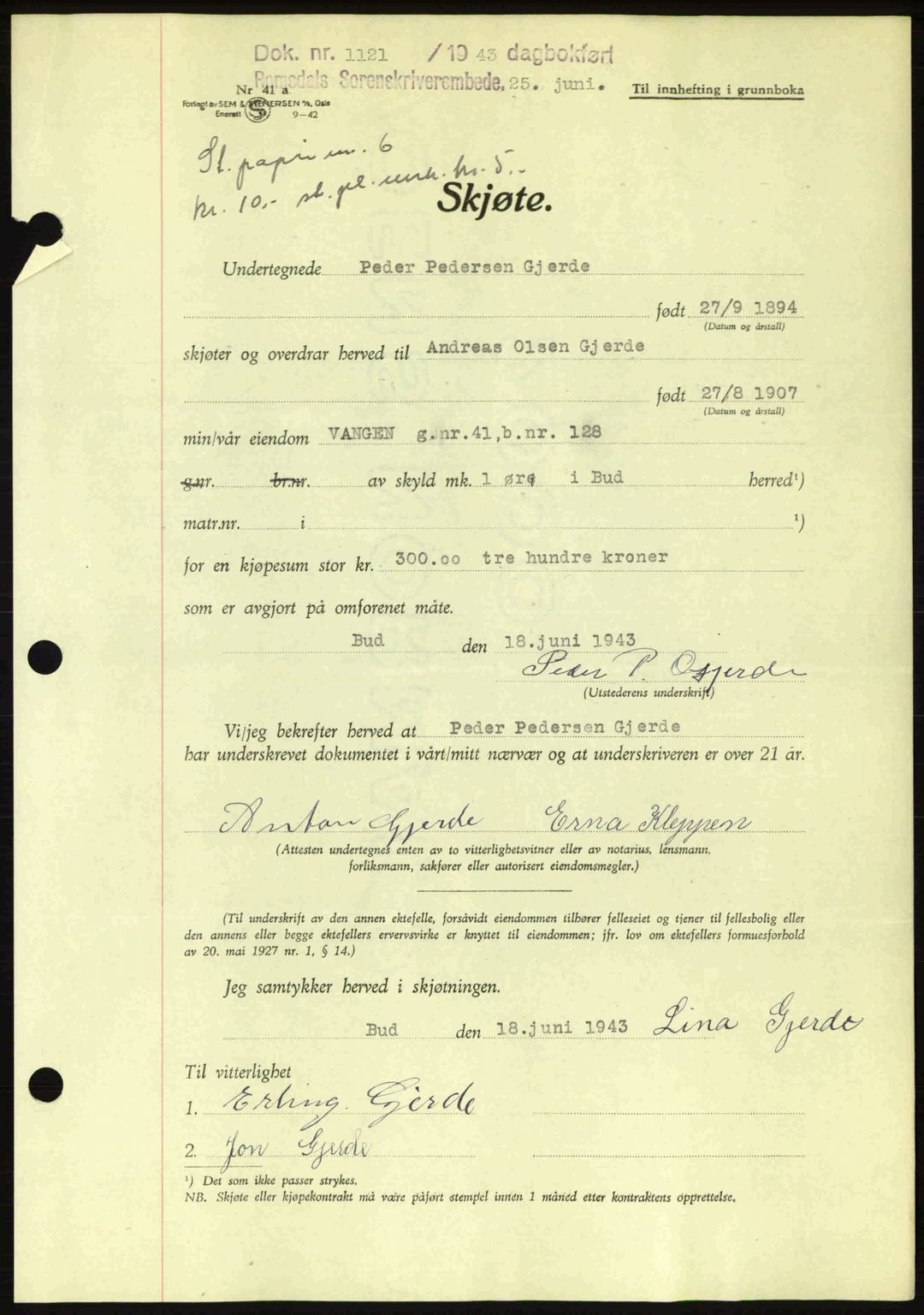 Romsdal sorenskriveri, AV/SAT-A-4149/1/2/2C: Pantebok nr. A14, 1943-1943, Dagboknr: 1121/1943