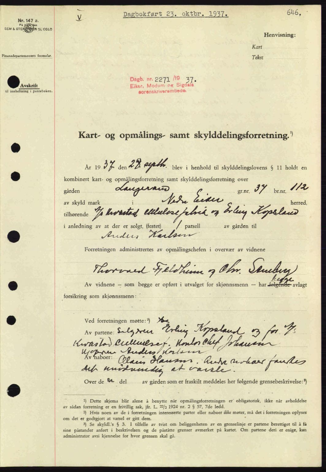Eiker, Modum og Sigdal sorenskriveri, SAKO/A-123/G/Ga/Gab/L0036: Pantebok nr. A6, 1937-1937, Dagboknr: 2271/1937