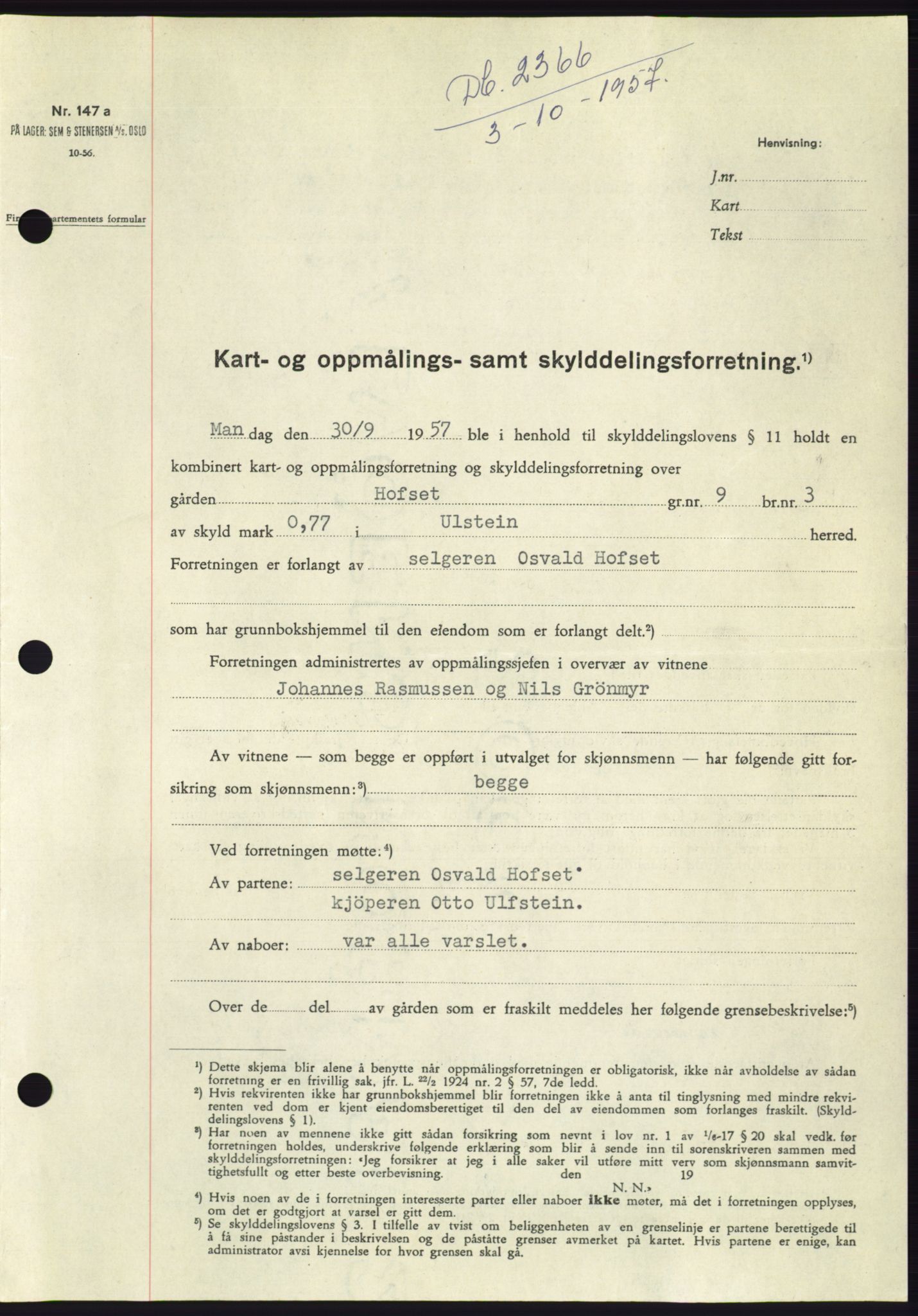 Søre Sunnmøre sorenskriveri, SAT/A-4122/1/2/2C/L0107: Pantebok nr. 33A, 1957-1957, Dagboknr: 2366/1957