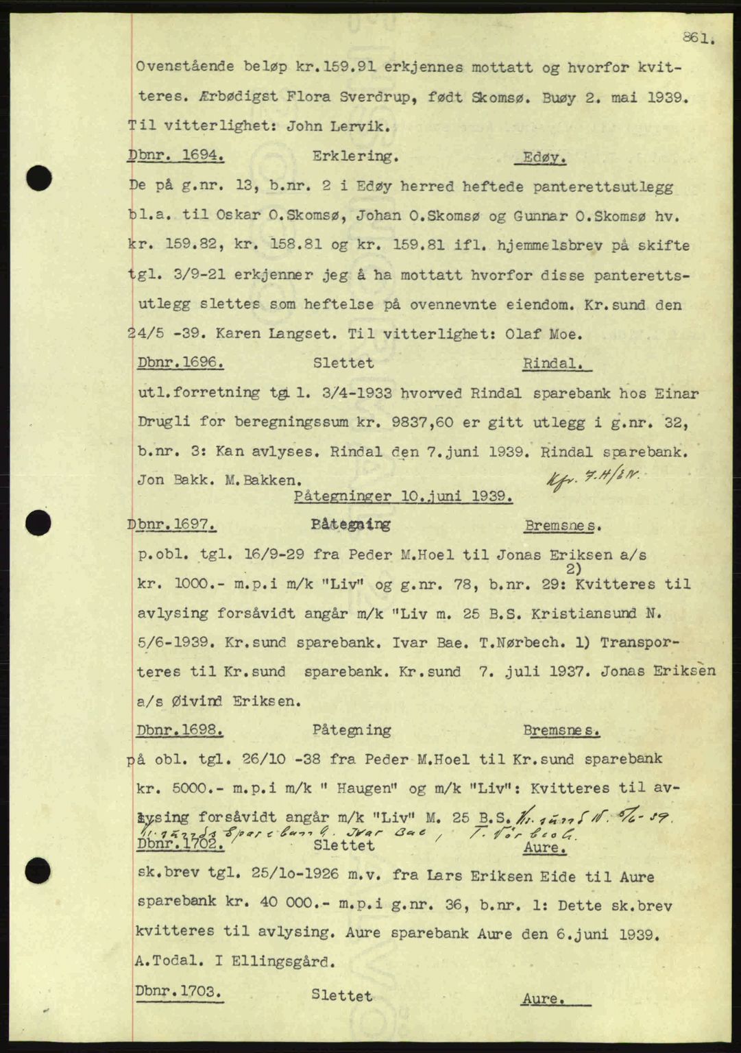 Nordmøre sorenskriveri, SAT/A-4132/1/2/2Ca: Pantebok nr. C80, 1936-1939, Dagboknr: 1694/1939