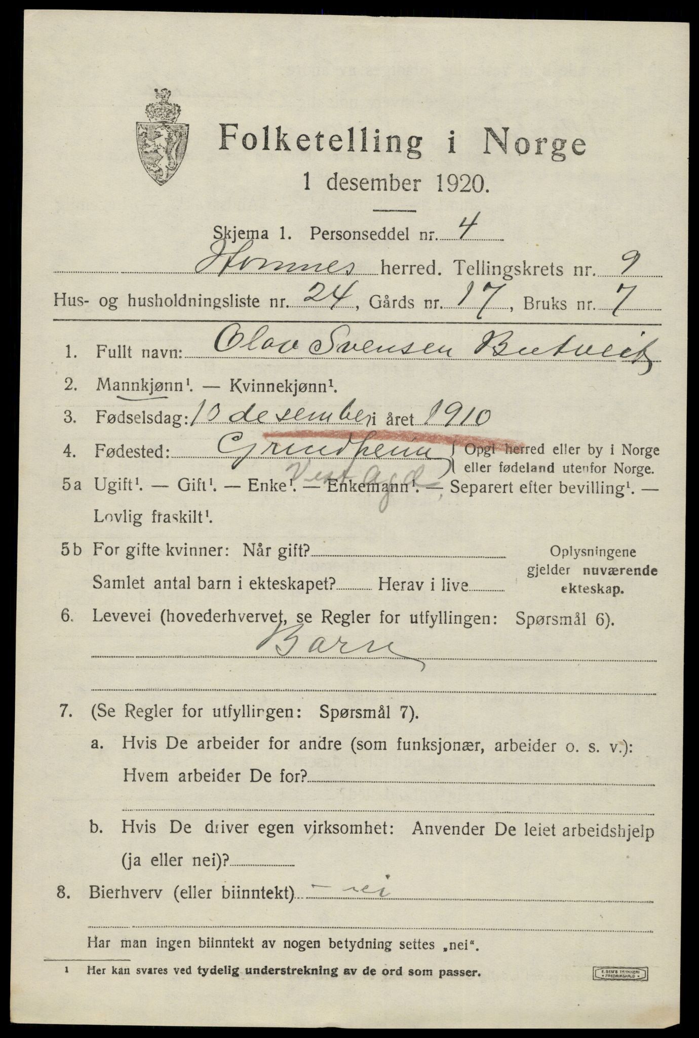 SAK, Folketelling 1920 for 0936 Hornnes herred, 1920, s. 2491