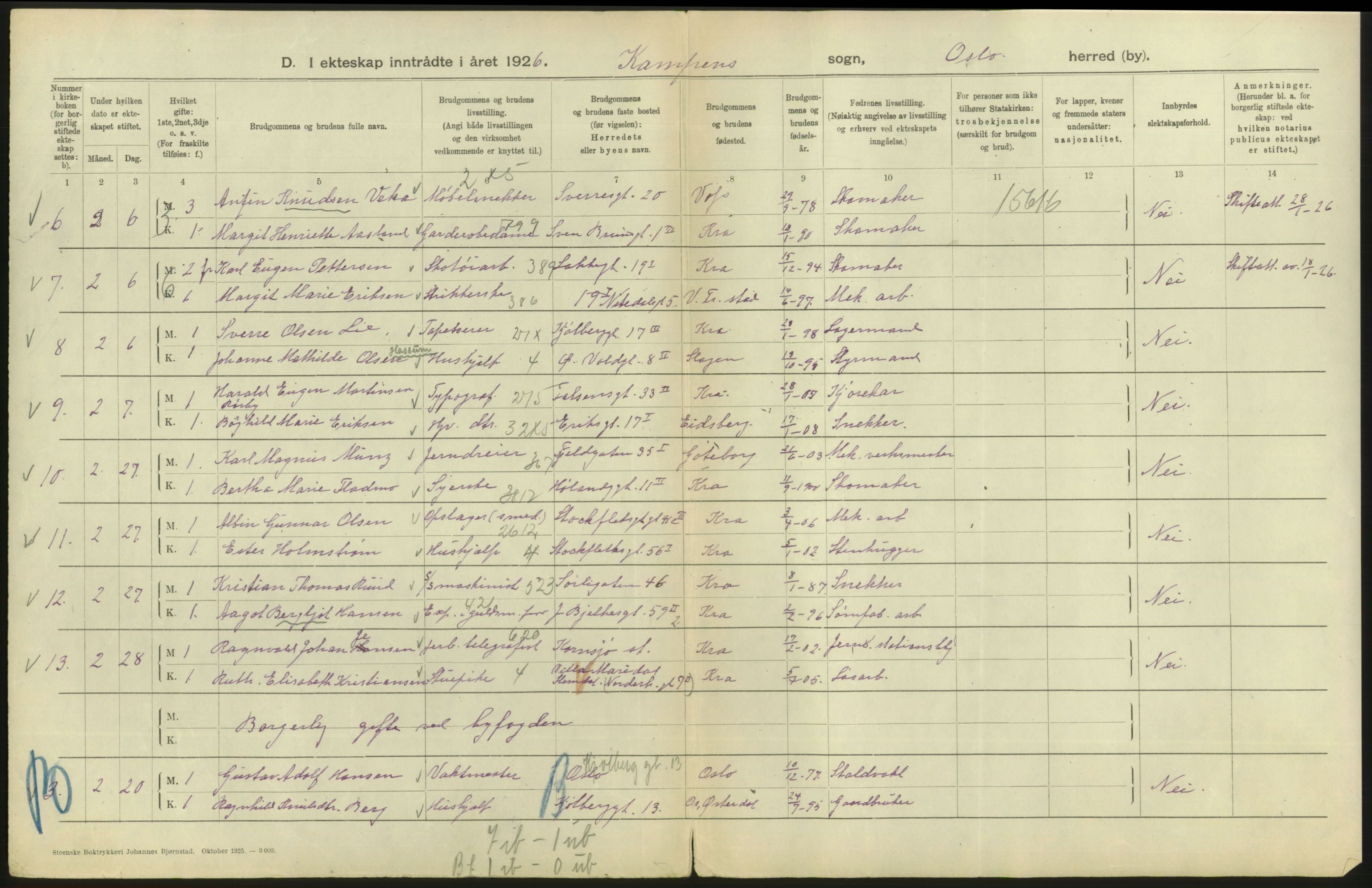 Statistisk sentralbyrå, Sosiodemografiske emner, Befolkning, AV/RA-S-2228/D/Df/Dfc/Dfcf/L0008: Oslo: Gifte, 1926, s. 614