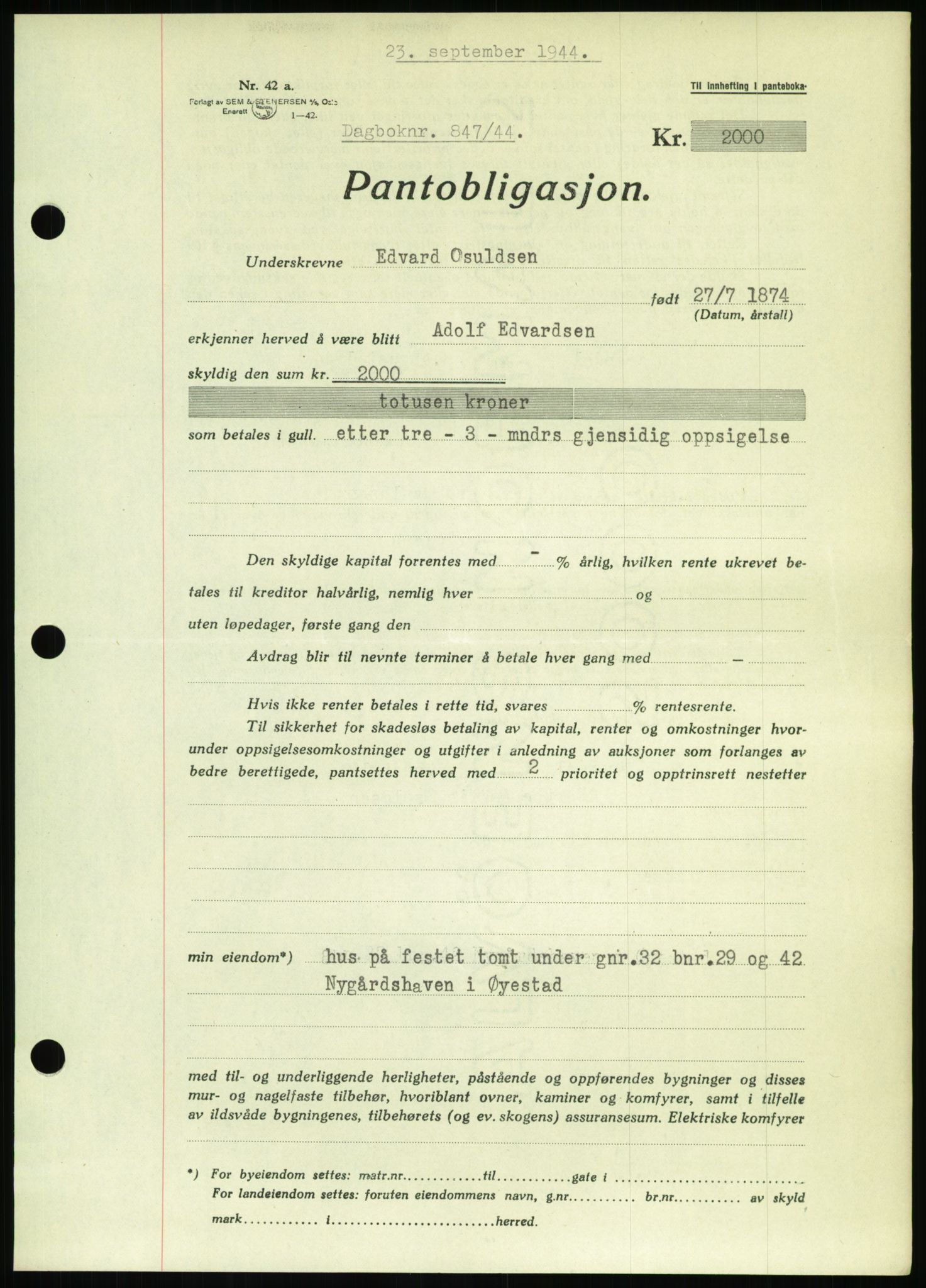 Nedenes sorenskriveri, SAK/1221-0006/G/Gb/Gbb/L0002: Pantebok nr. II, 1942-1945, Dagboknr: 847/1944