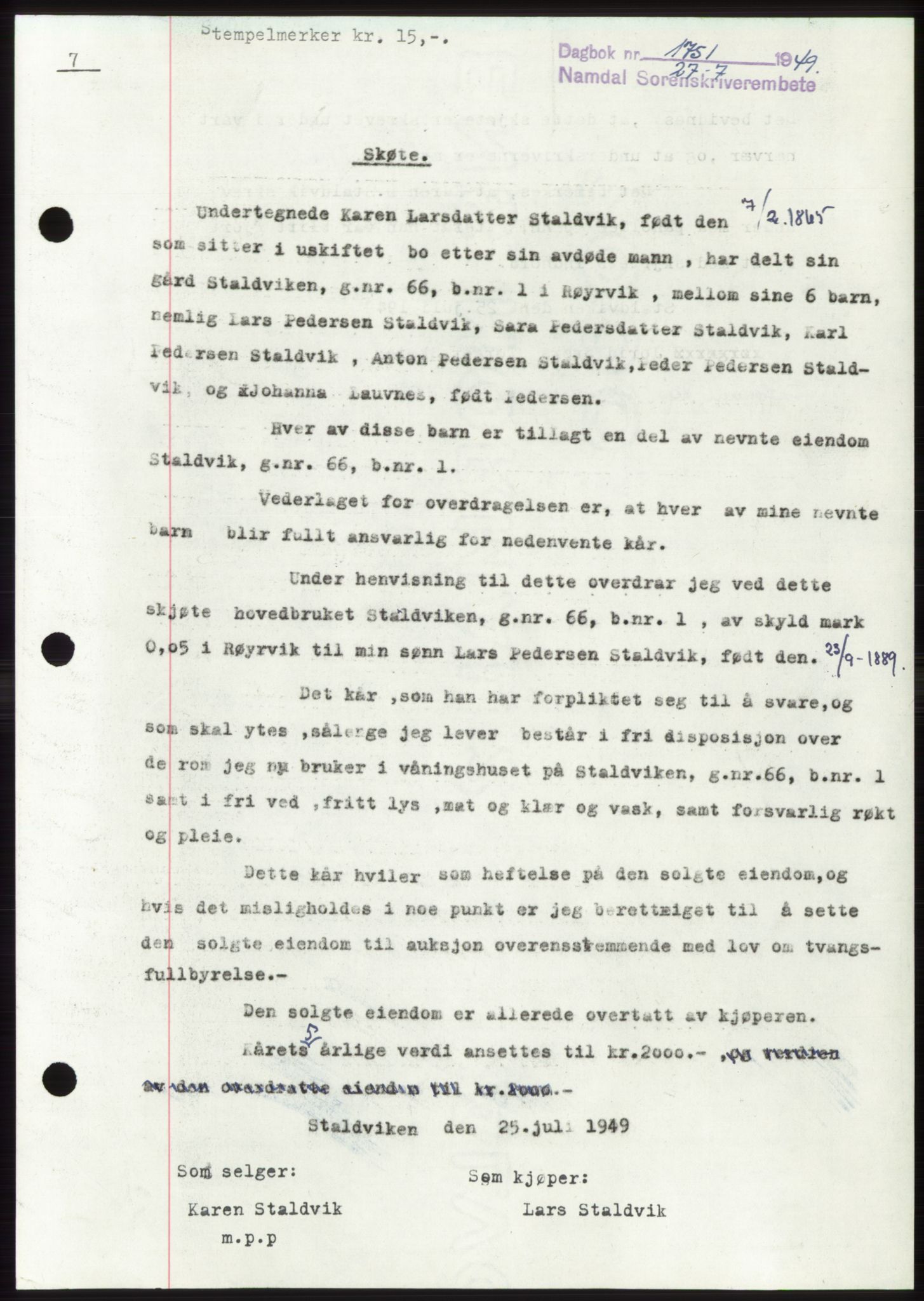 Namdal sorenskriveri, SAT/A-4133/1/2/2C: Pantebok nr. -, 1949-1949, Dagboknr: 1751/1949