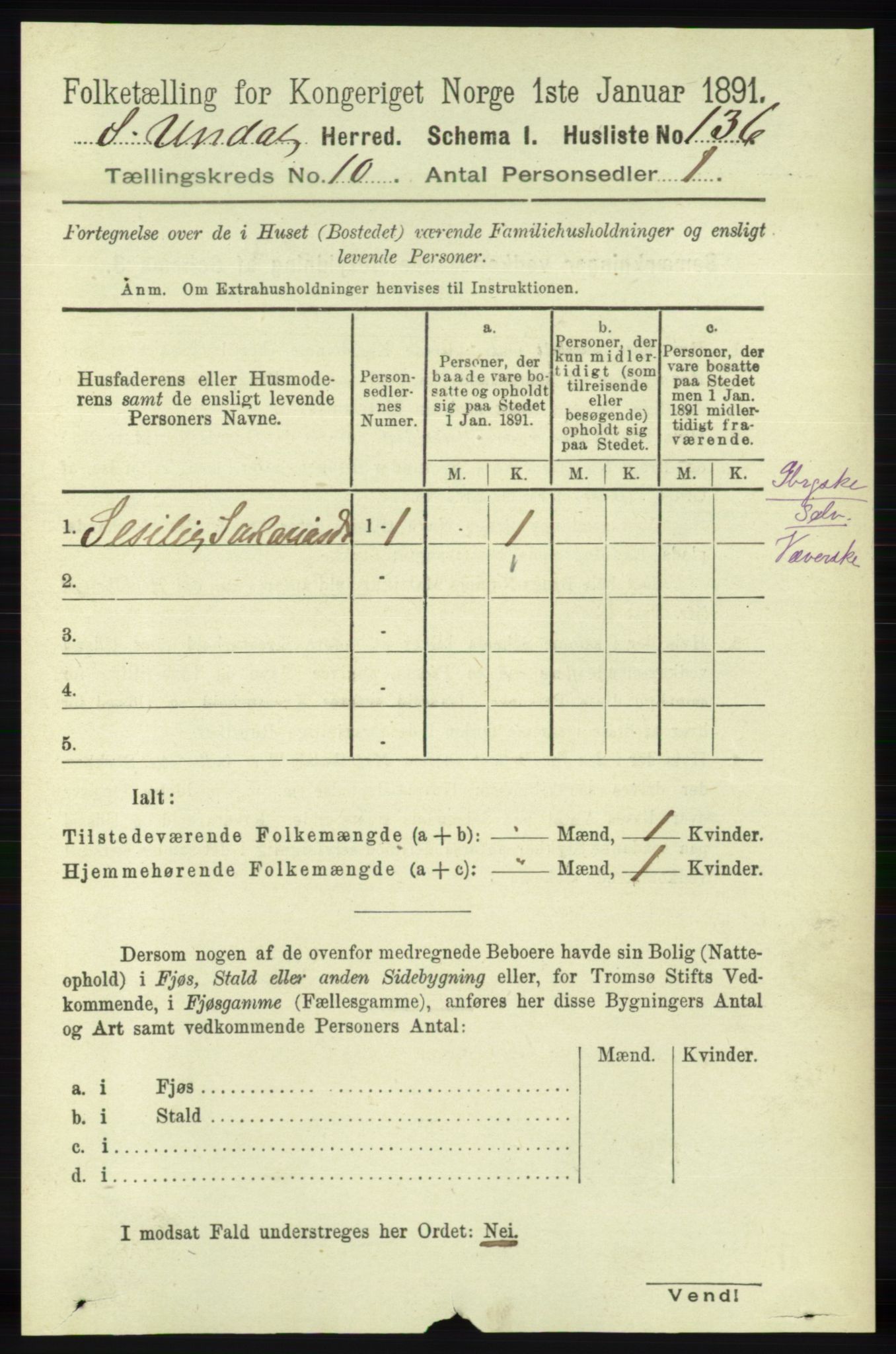 RA, Folketelling 1891 for 1029 Sør-Audnedal herred, 1891, s. 4420