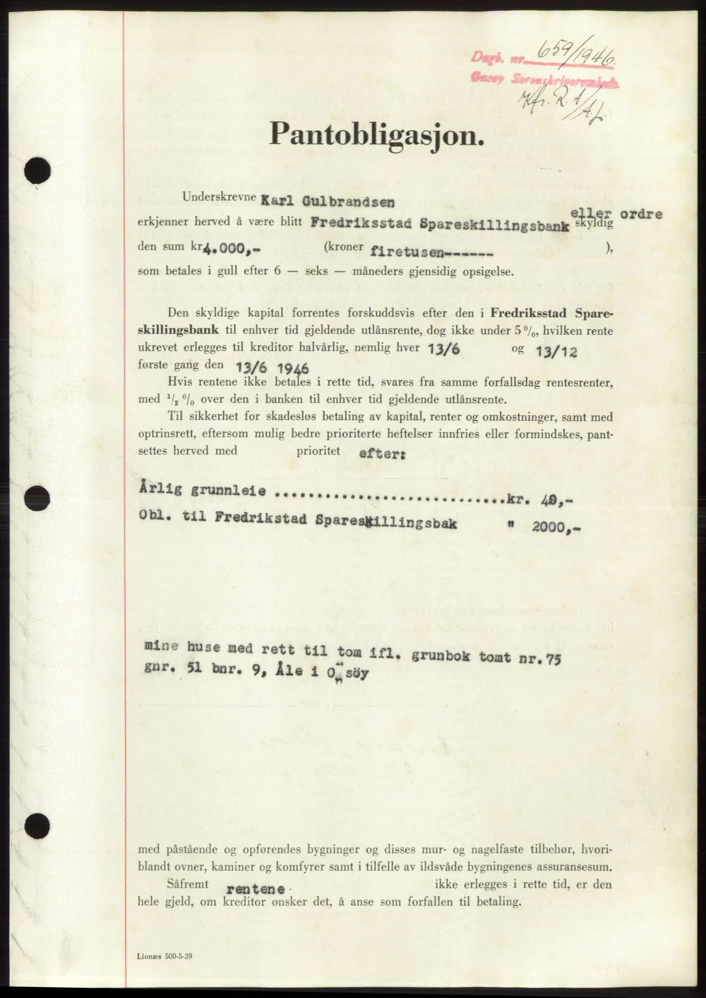 Onsøy sorenskriveri, SAO/A-10474/G/Ga/Gac/L0004: Pantebok nr. B4, 1944-1946, Dagboknr: 659/1946